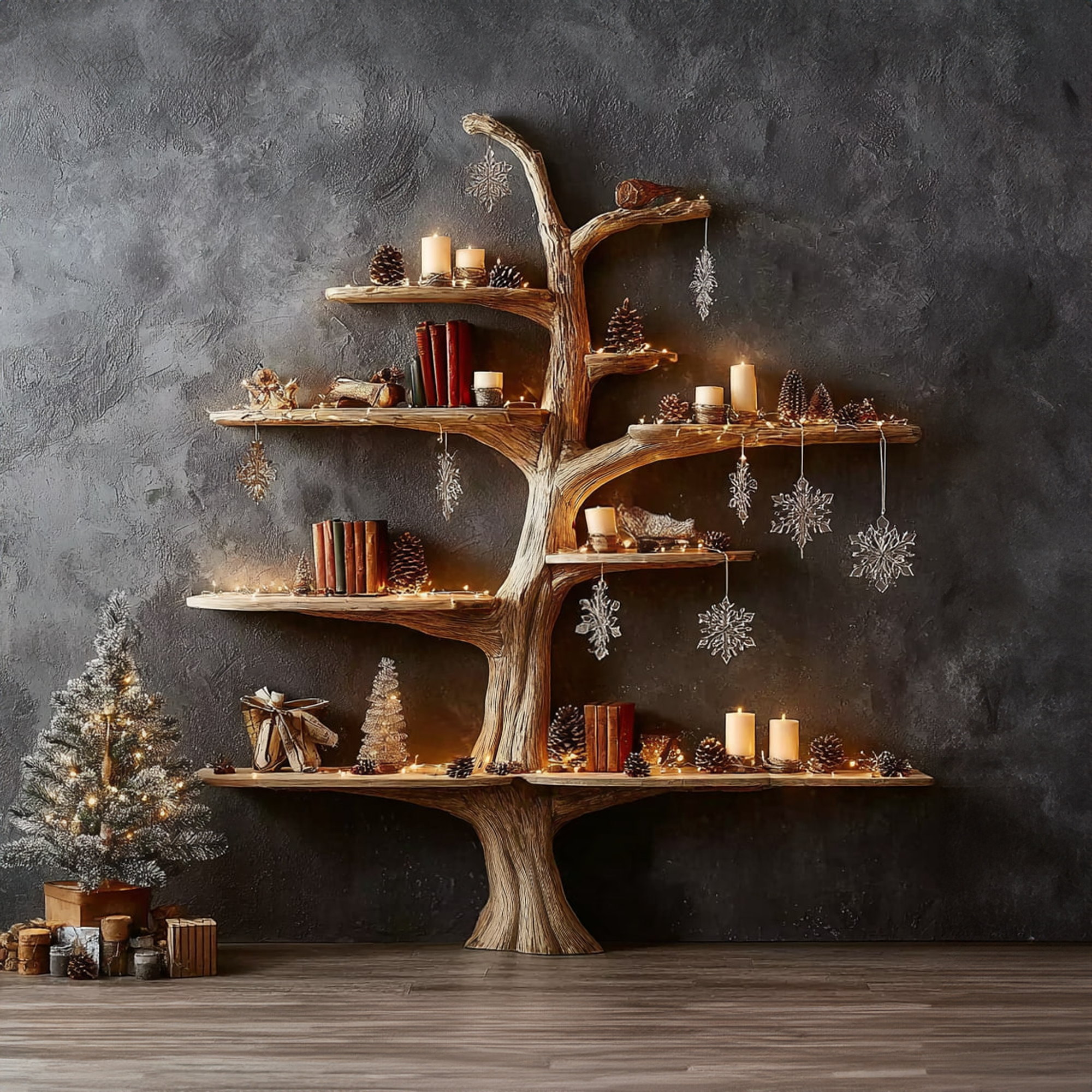 Rustic Tree Bookshelf Winter Living Room SINLKITB276