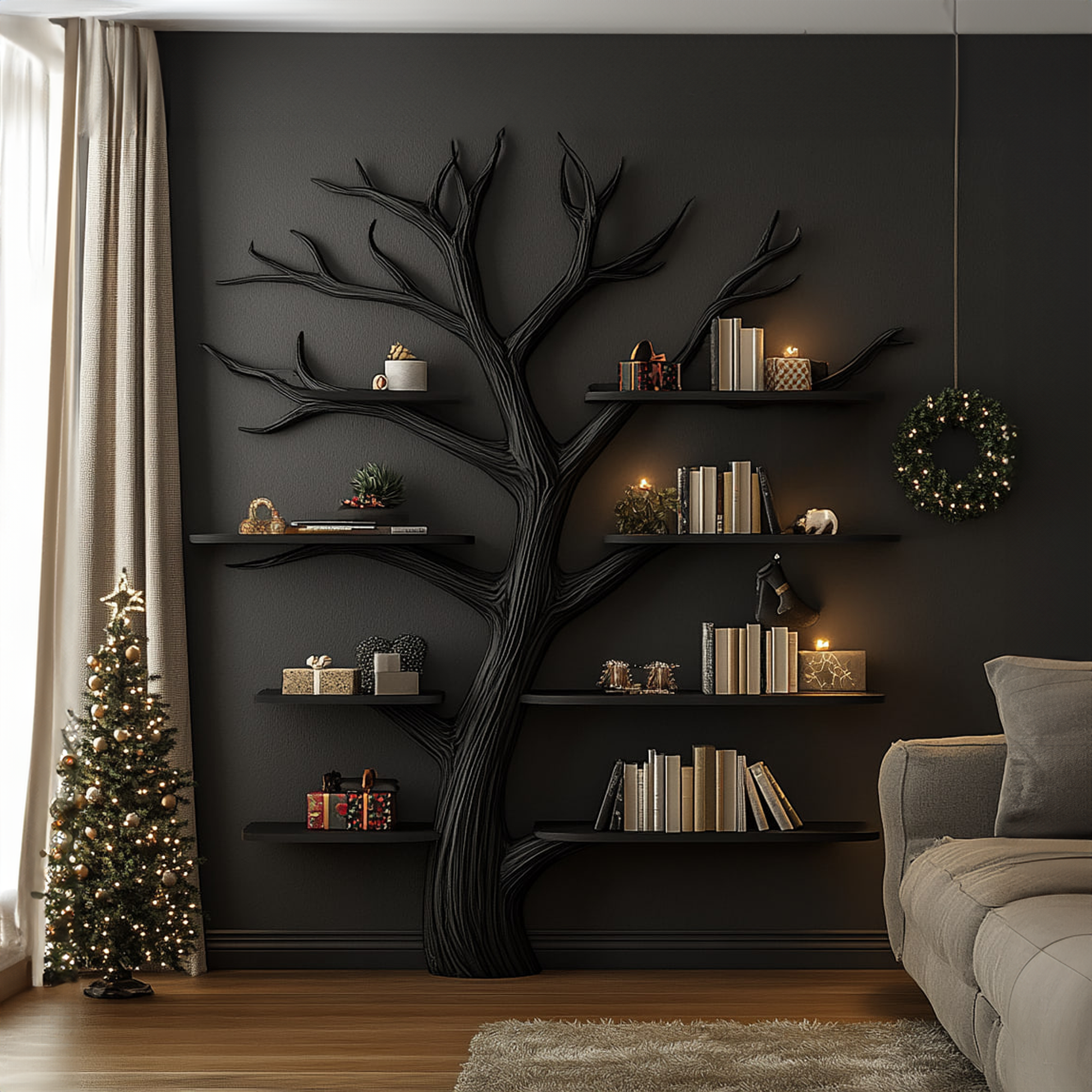 Rustic Tree Wall Bookshelf Living Room Christmas Halloween Modern Style SINLKITB489