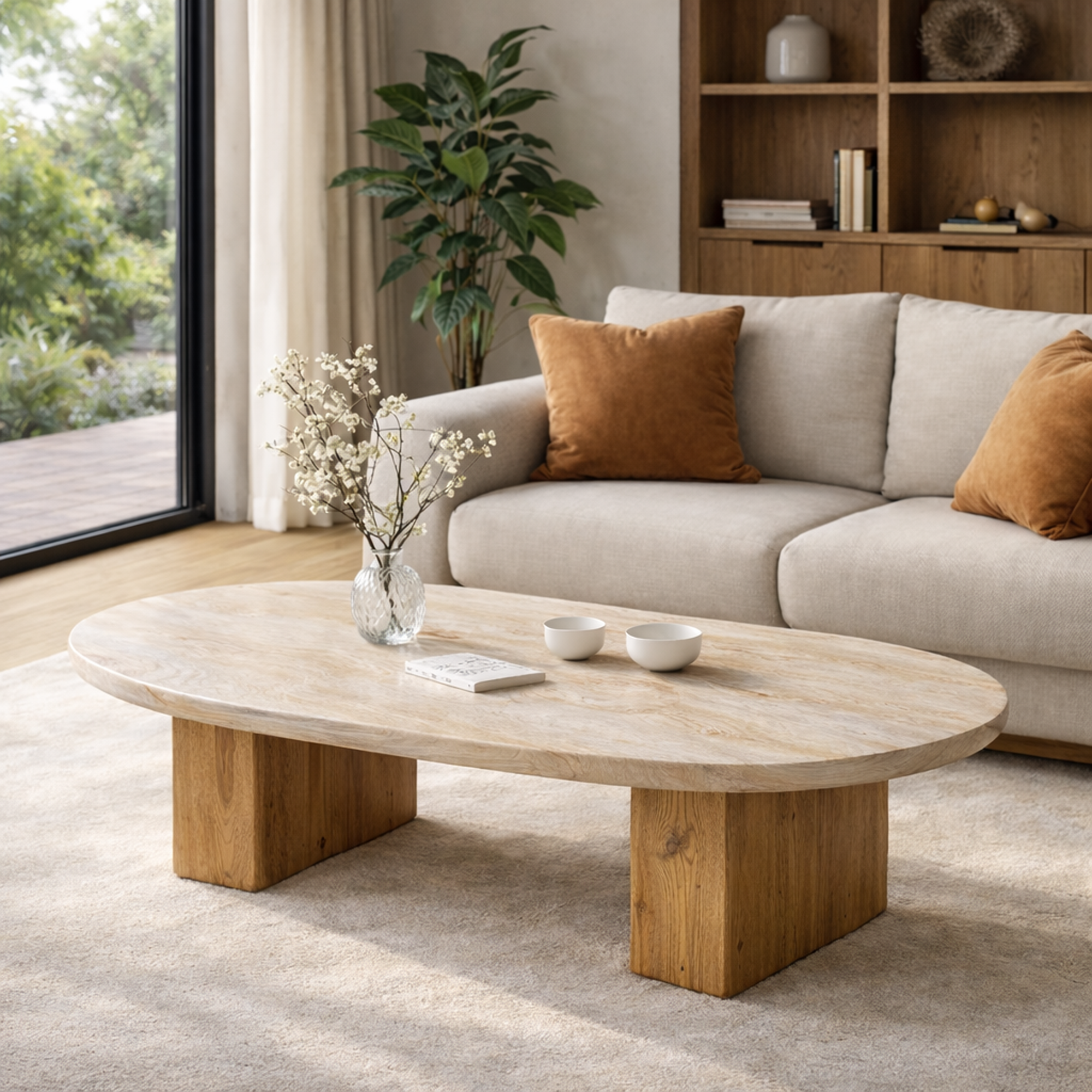 Light Oak Oval Solid Wood Coffee Table Minimalist Balance Contemporary Living Room Interior SINLKICF296