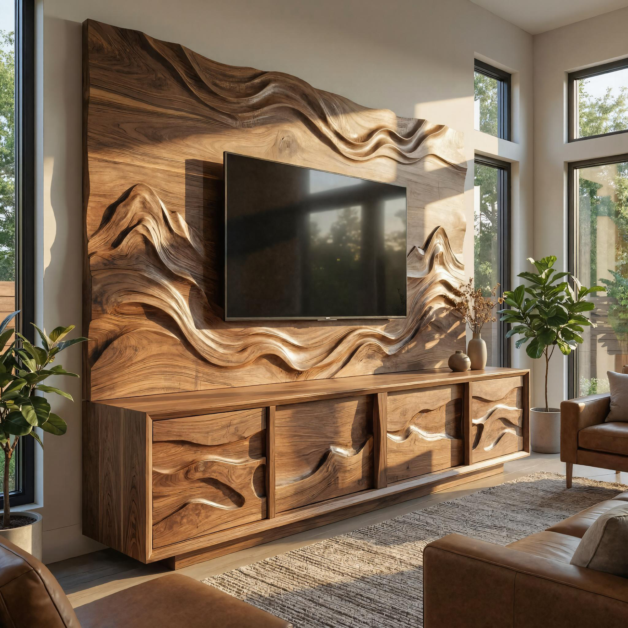 Modern Wood TV Cabinet With Sculptural Feature Wall Living Room SINLKISC498