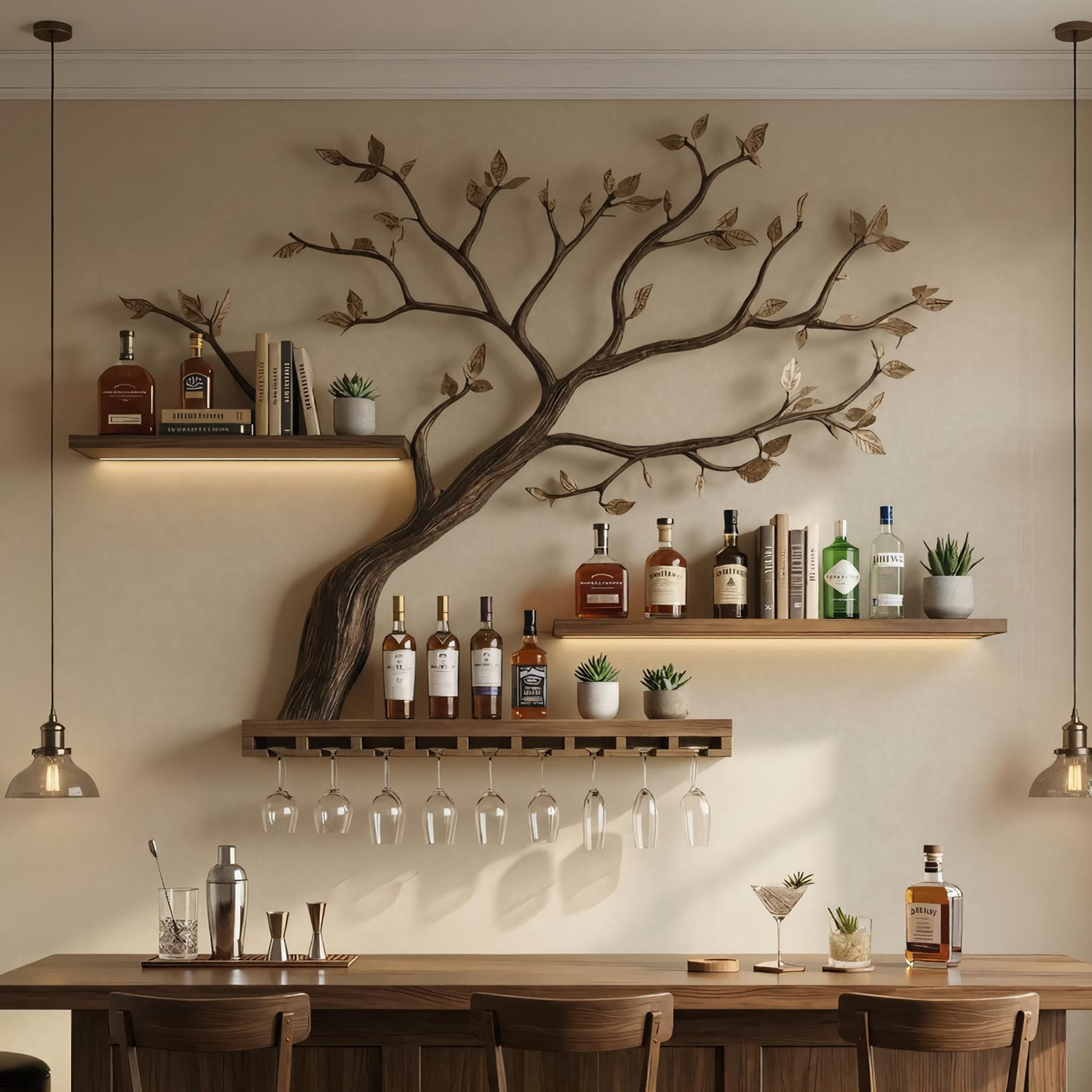 Organic Tree Branch Wine Rack Wooden Wall Shelf For Kitchen Dining Room Home Bar SINLKIWR009