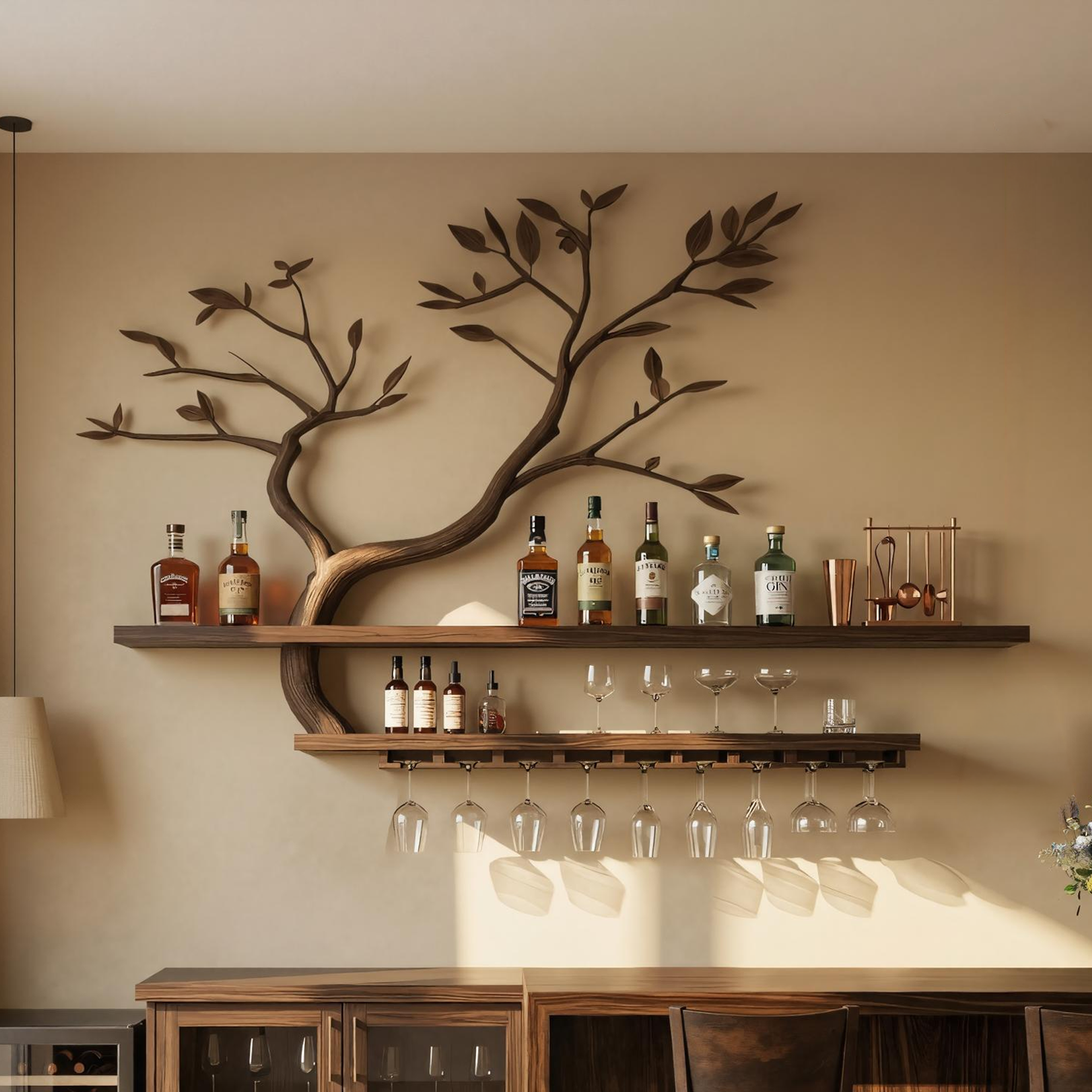 Nature Inspired Tree Branch Wine Rack Wooden Wall Bar Shelf Bottle Display SINLKIWR012