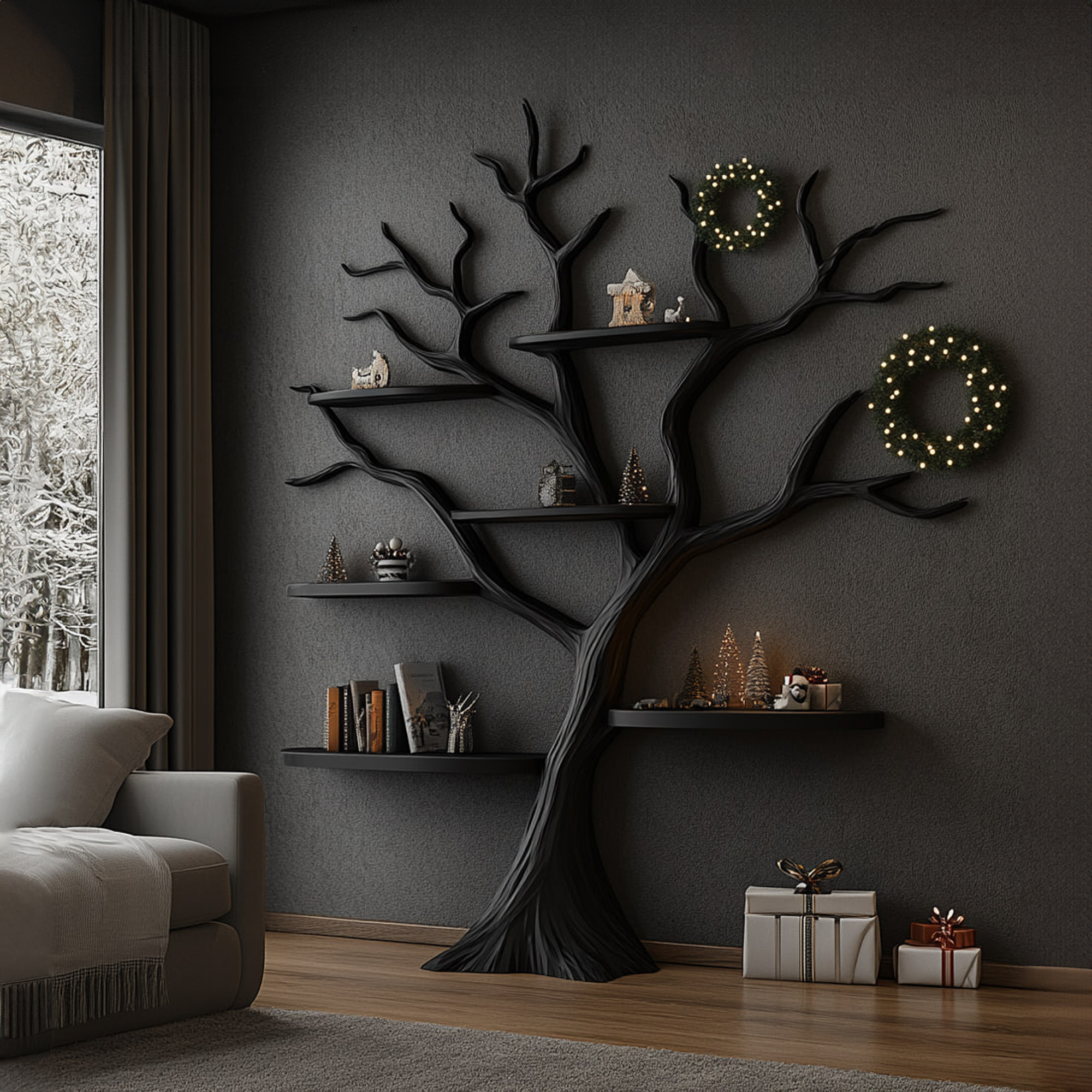Rustic Dark Tree Bookshelf Home Office Seasonal Decor Organizer SINLKITB488