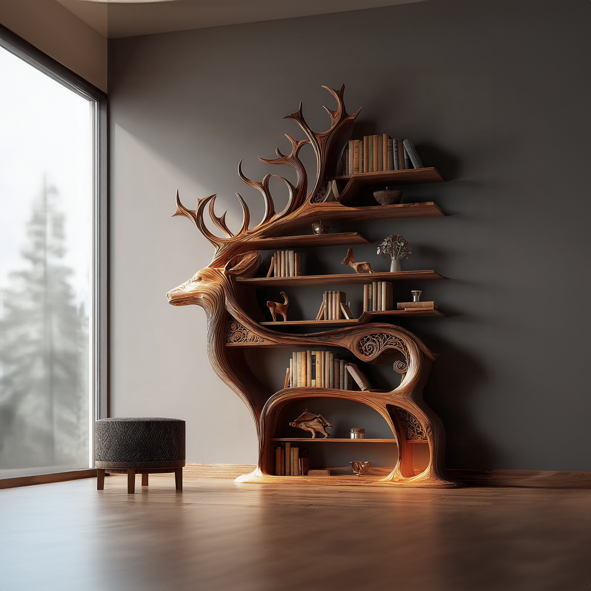 Rustic Wooden Bookshelf Console Deer Design Living Room SINLKISC099