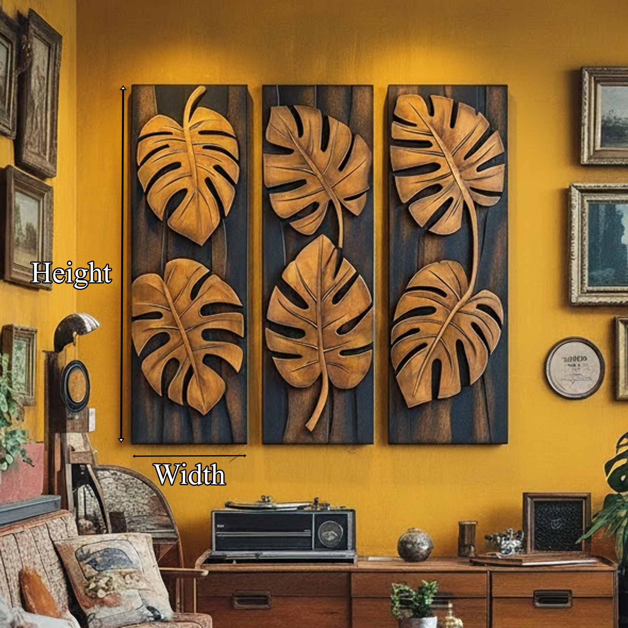 Tropical Monstera Carved Solid Wood Wall Art Panel Set Interior Decor SINLKIWD021