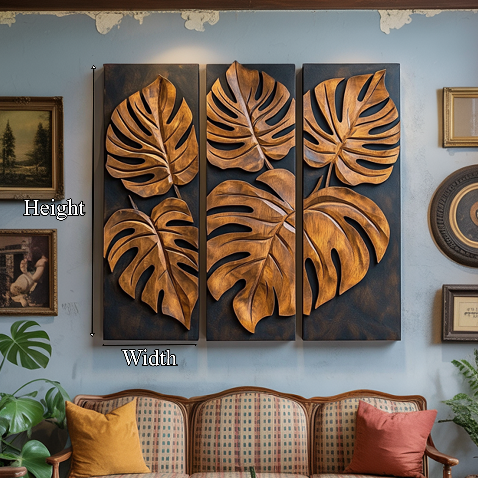 Carved Monstera Leaf Solid Wood Wall Art Triptych Statement Decor SINLKIWD023