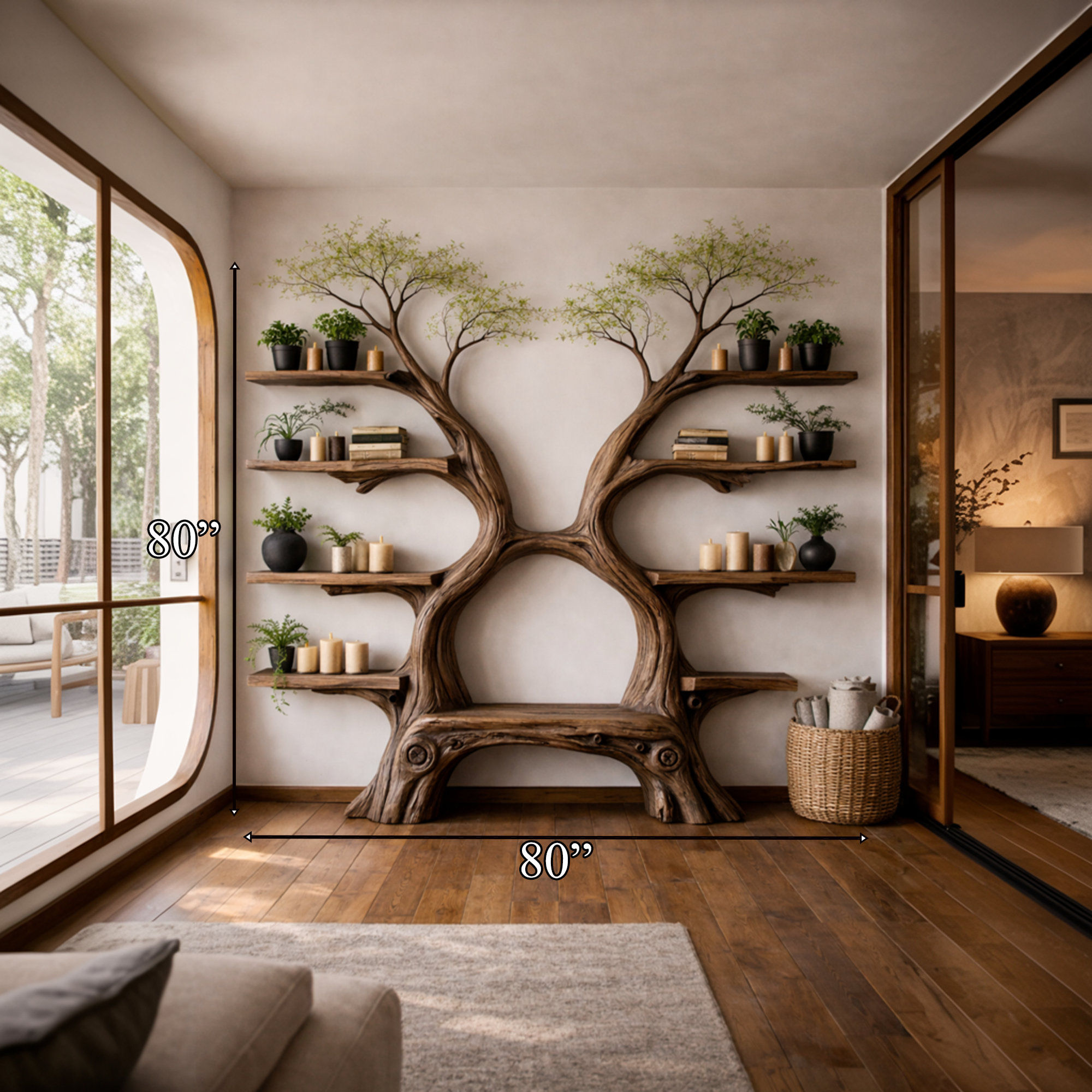 Rustic Artistic Twin Tree Bookshelf With Bench Living Room Interior Centerpiece SINLKITB651