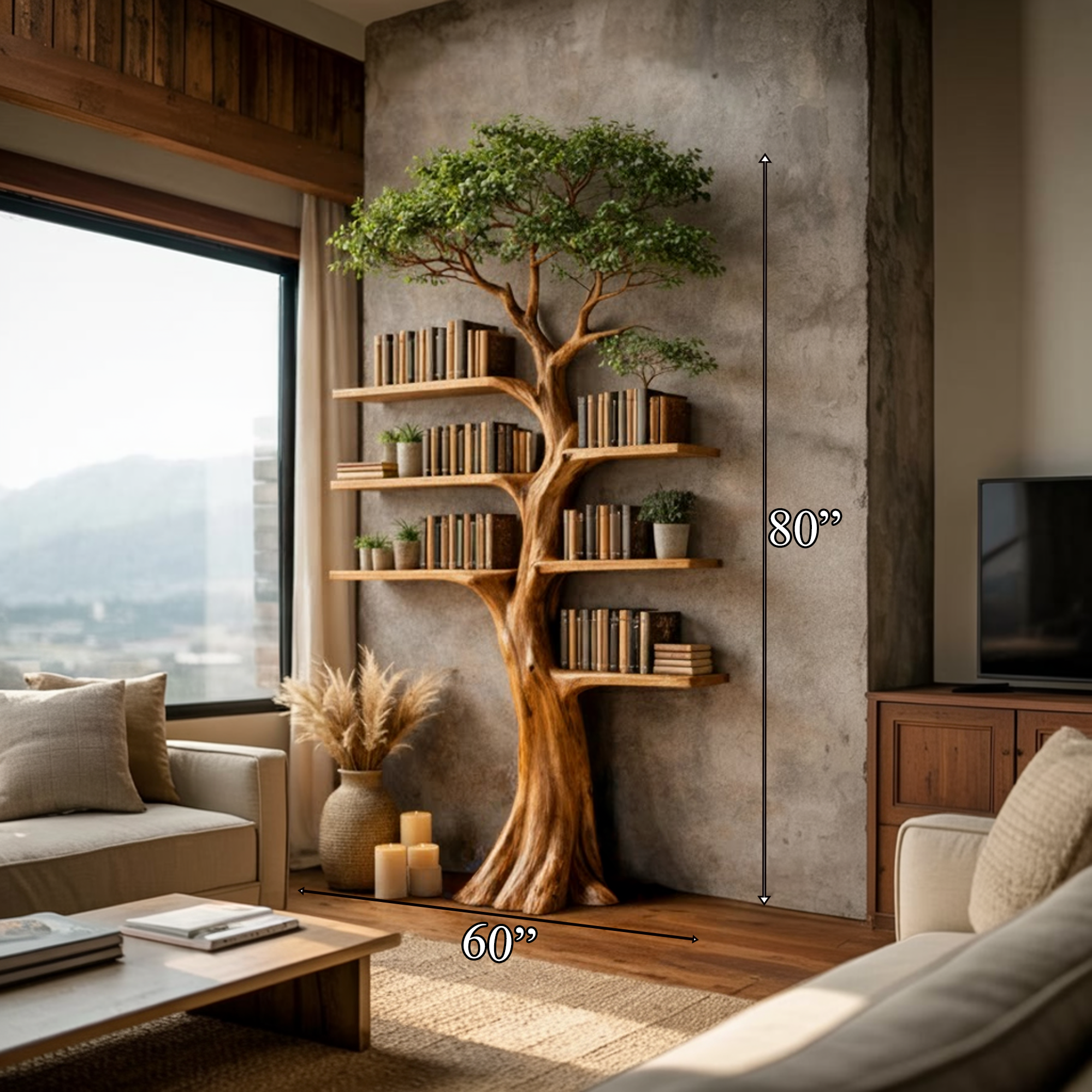 Rustic Artistic Tree Bookshelf Living Room SINLKITB652
