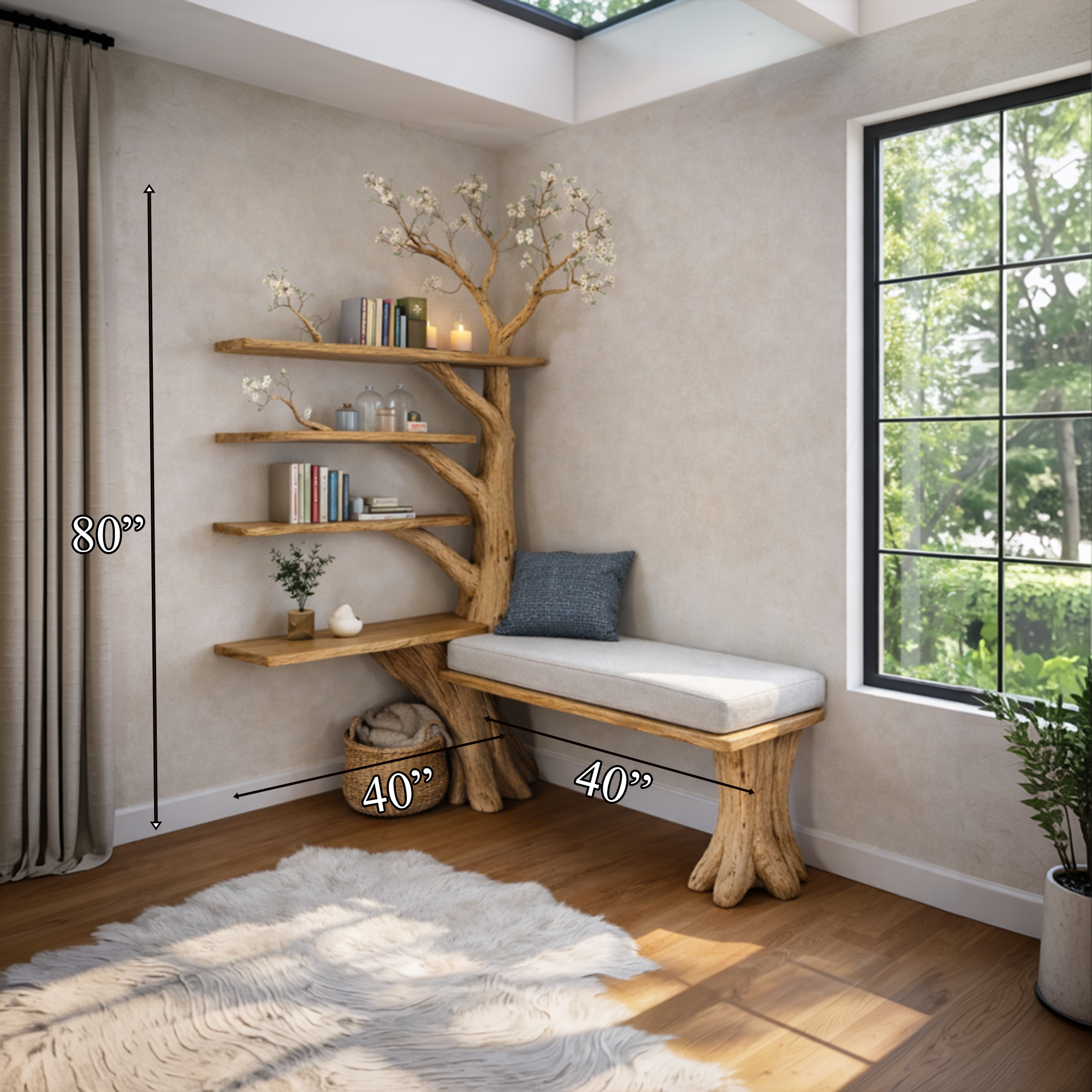 Rustic Artistic Tree Bookshelf With Bench Living Room Interior Statement Furniture SINLKITB653