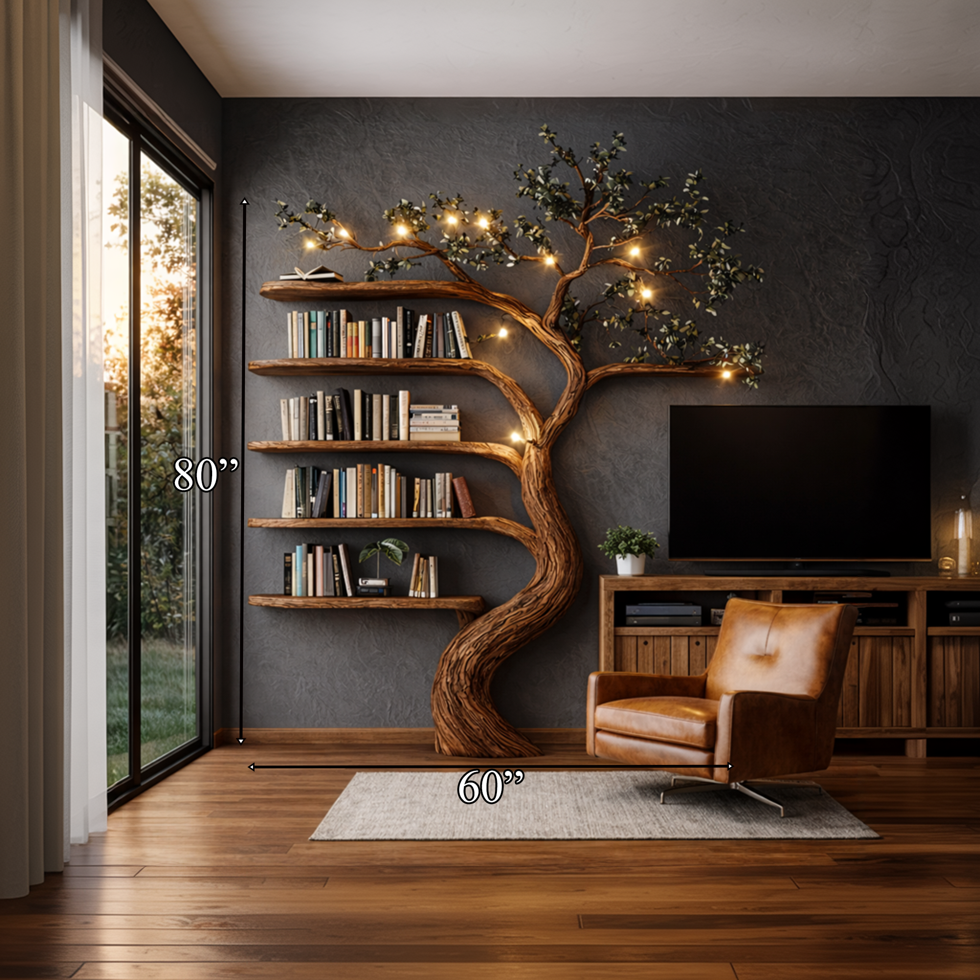 Rustic Hand Carved Tree Bookshelf Artistic Storage For Living Room SINLKITB683