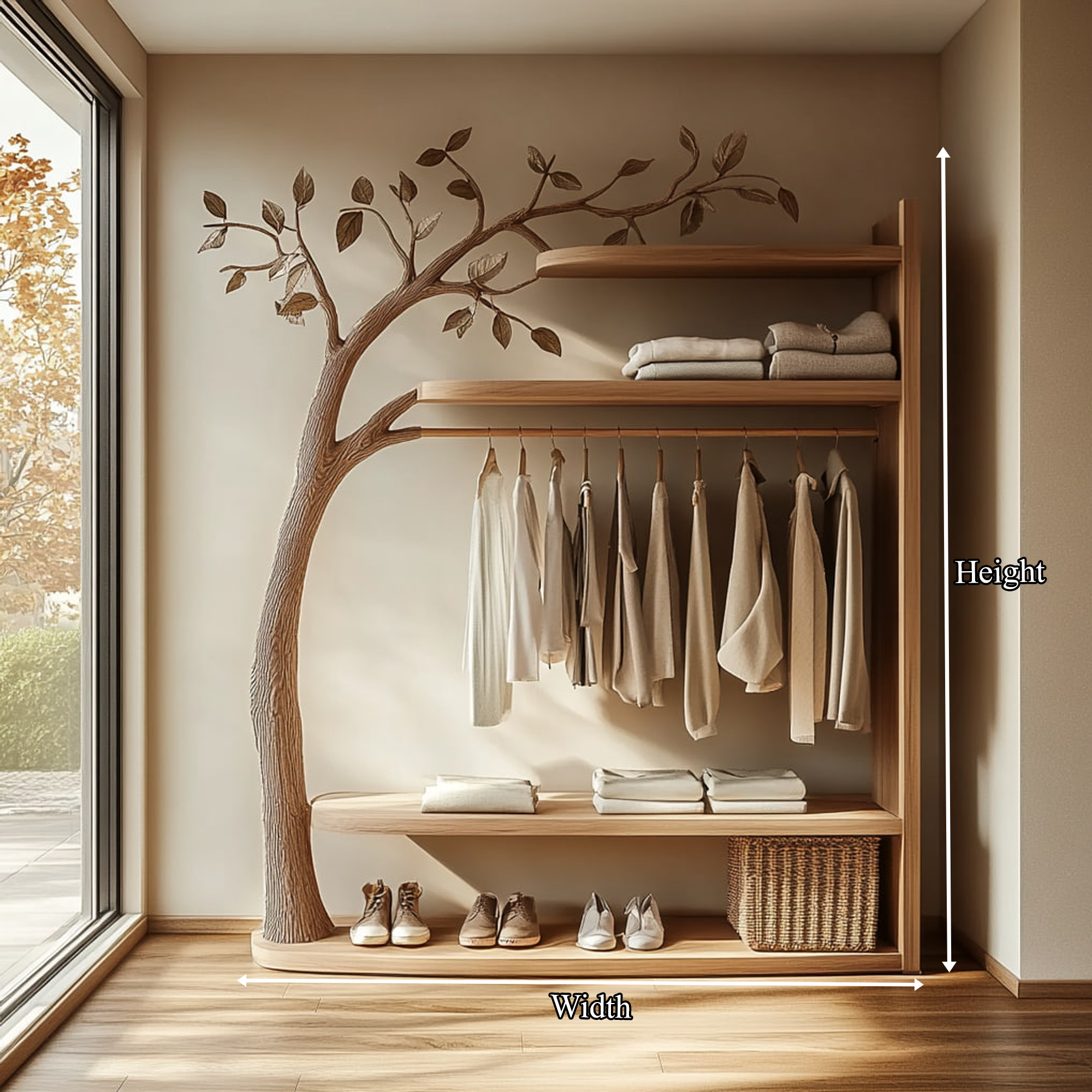 Scandinavian Solid Wood Tree Wardrobe Organizer Natural Living Room SINLKITCR052