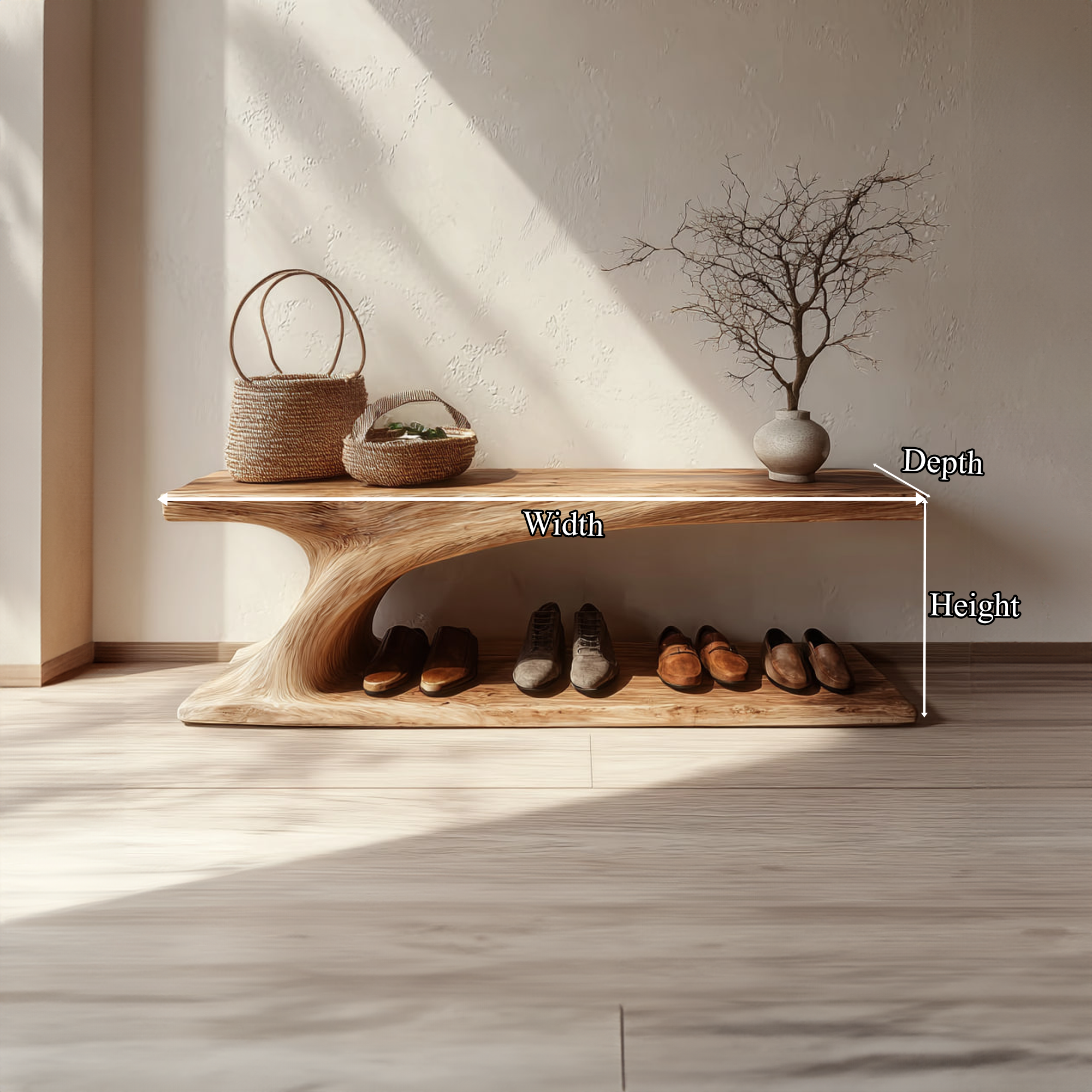 Rustic Organic Form Wooden Shoe Storage Bench Porch SINLKISB058