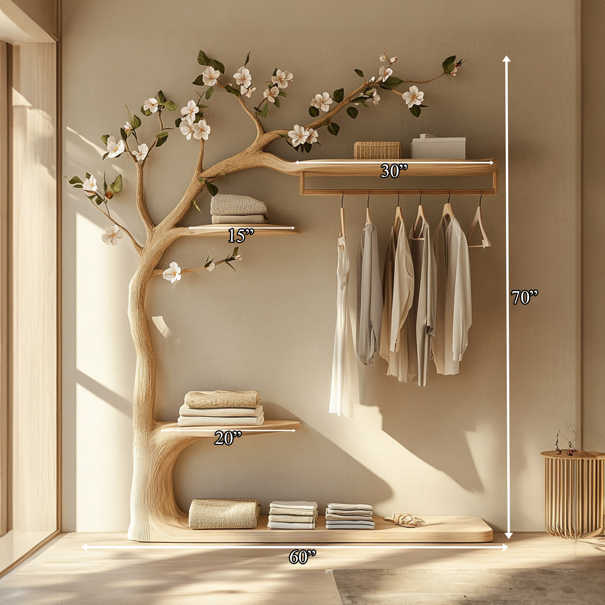 Rustic Tree Clothes Rack Solid Wood Bedroom Organizer SINLKITCR060