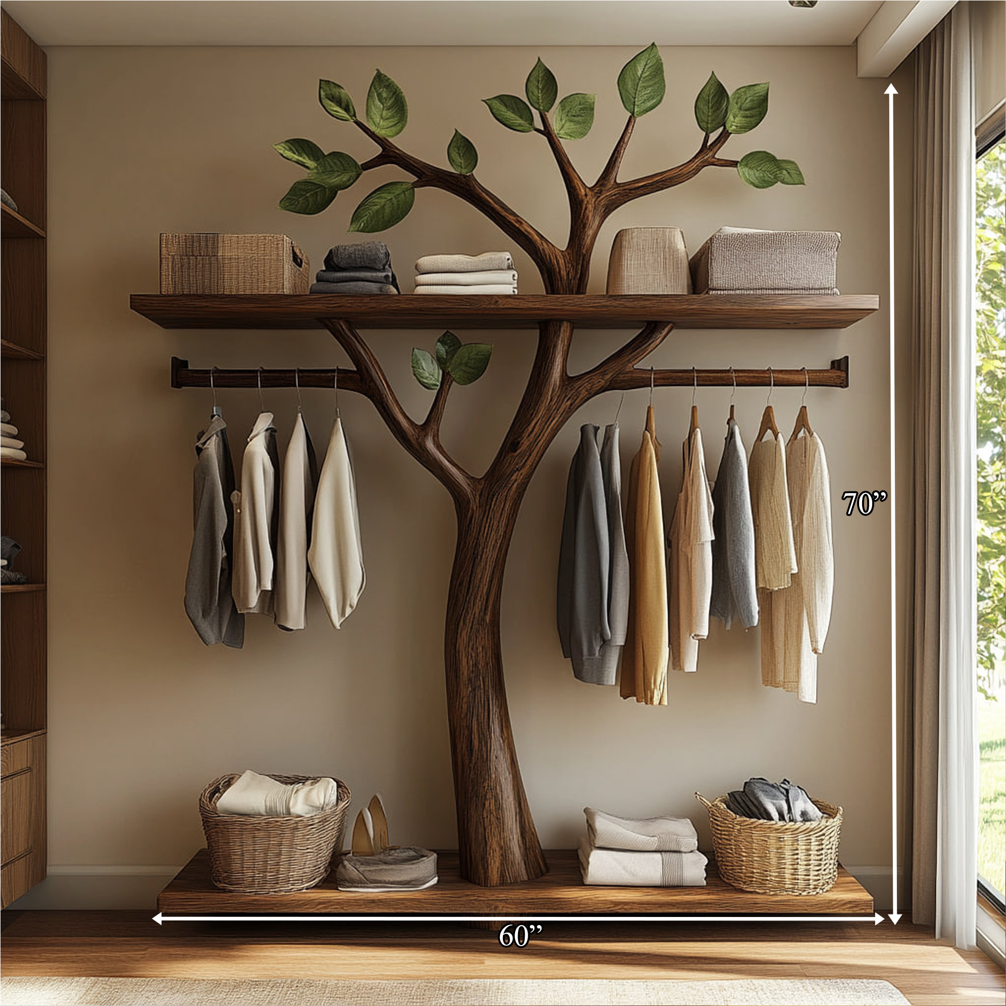 Minimalist Solid Wood Tree Wardrobe Rack Modern Look Bedroom SINLKITCR048