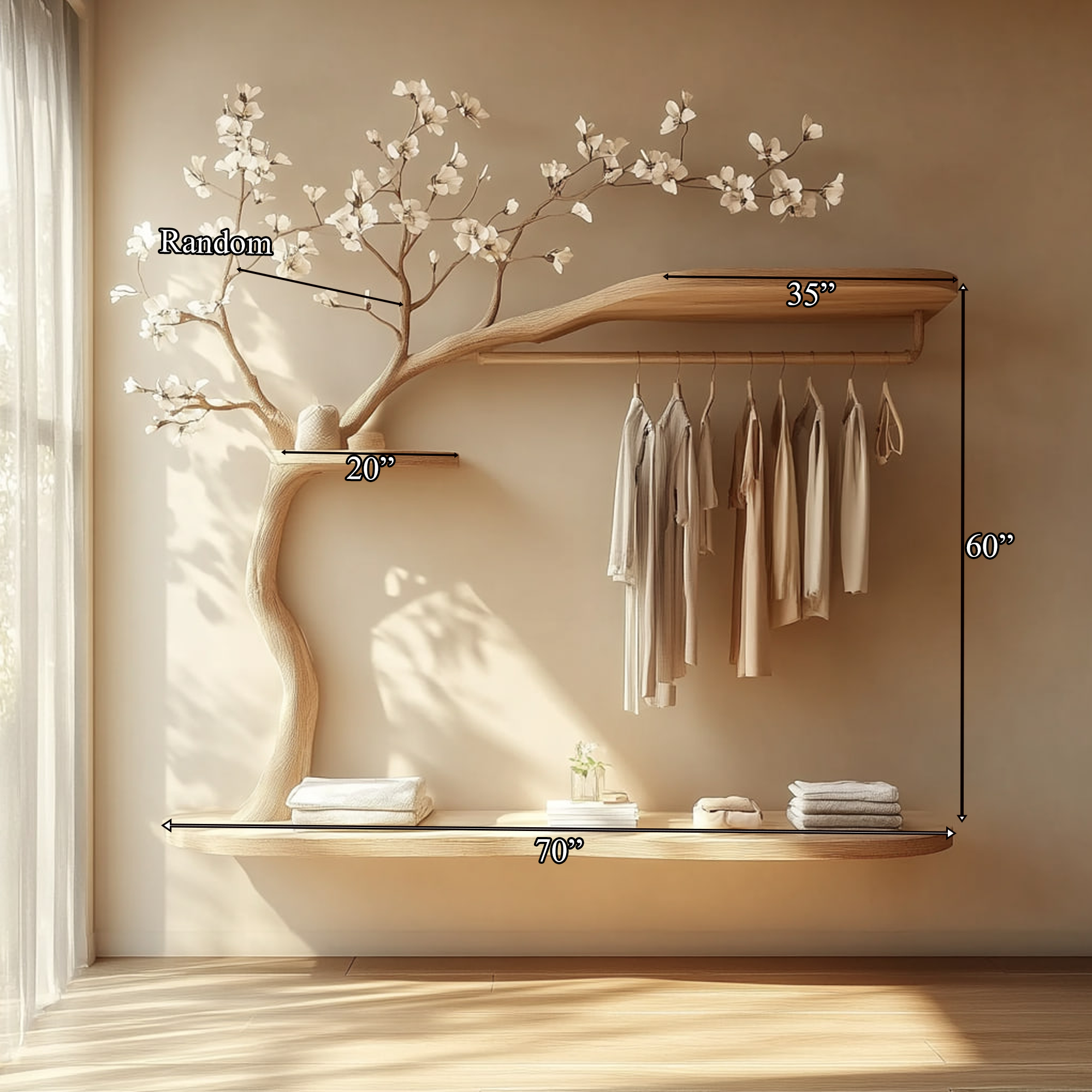 Scandinavian Tree Wardrobe Handcrafted Solid Wood Natural Bedroom Decor SINLKITCR066