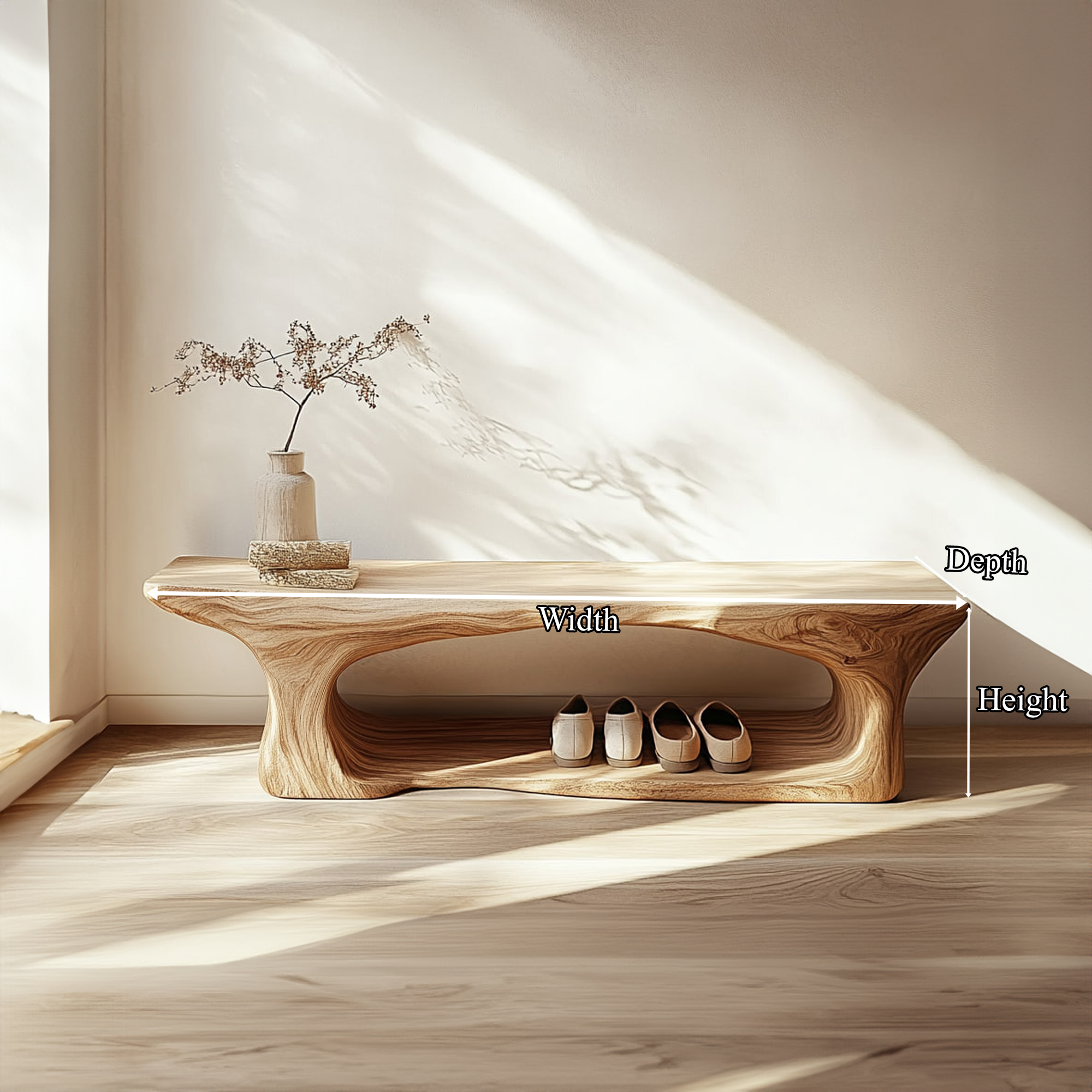 Mid Century Sculptural Wood Shoe Bench Interior SINLKISB057