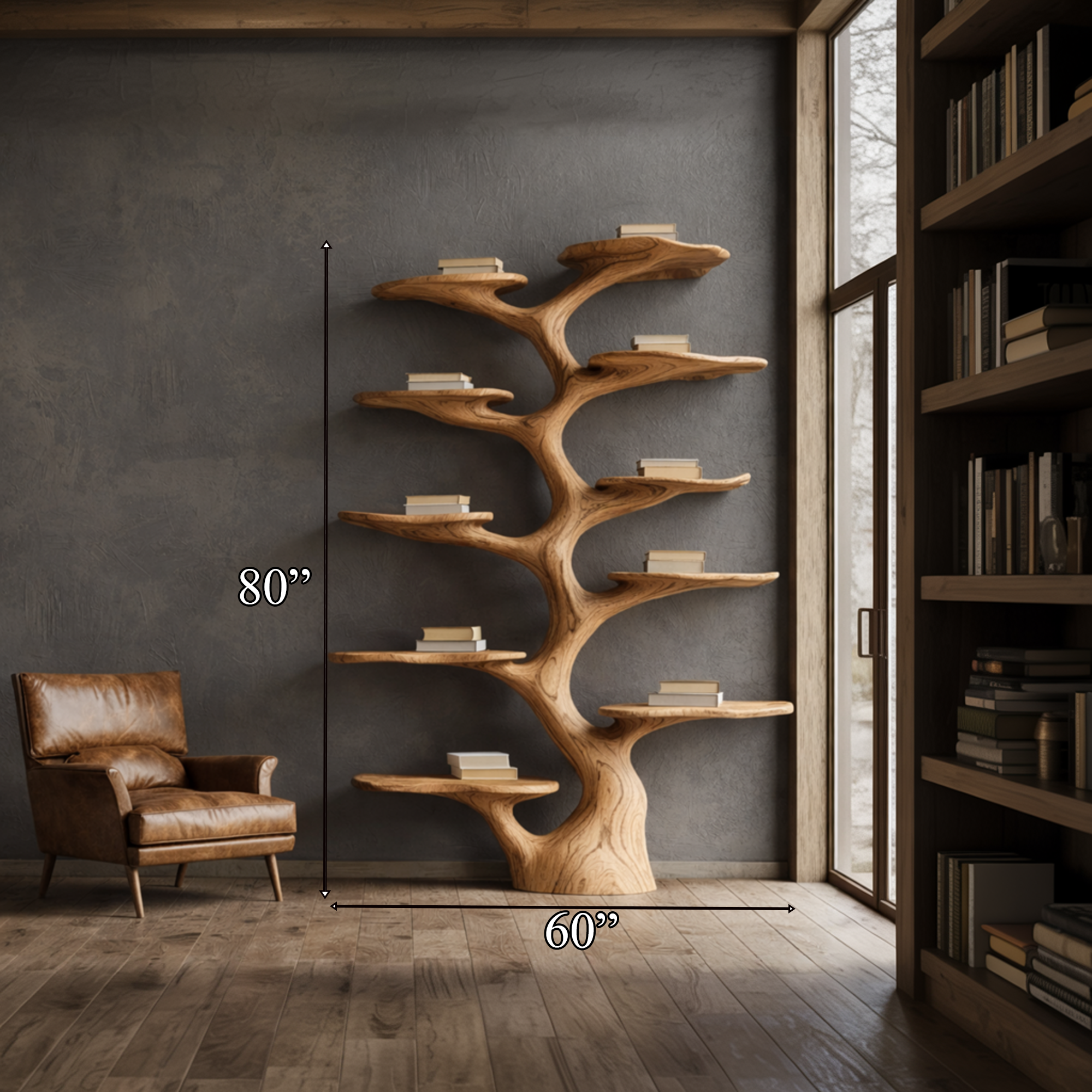 Rustic Sculptural Tree Bookshelf Living Room Interior Vertical Wall Display SINLKITB667