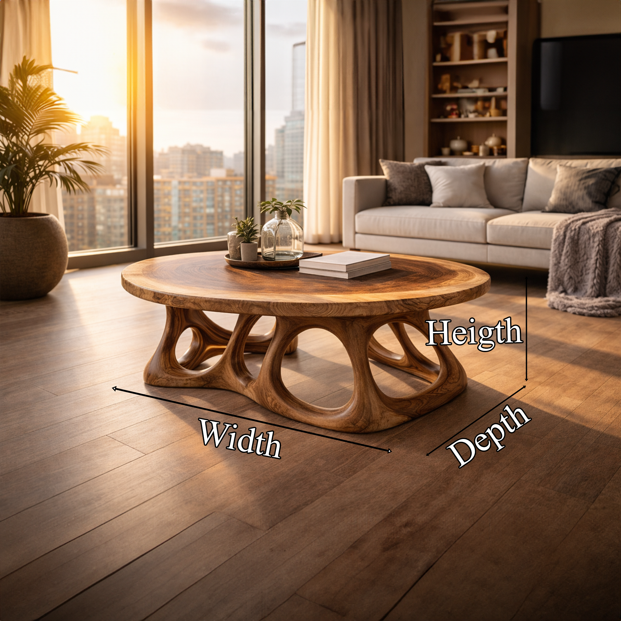 Round Sculpted Solid Wood Coffee Table Organic Balance Modern Living Room Interior SINLKICF307