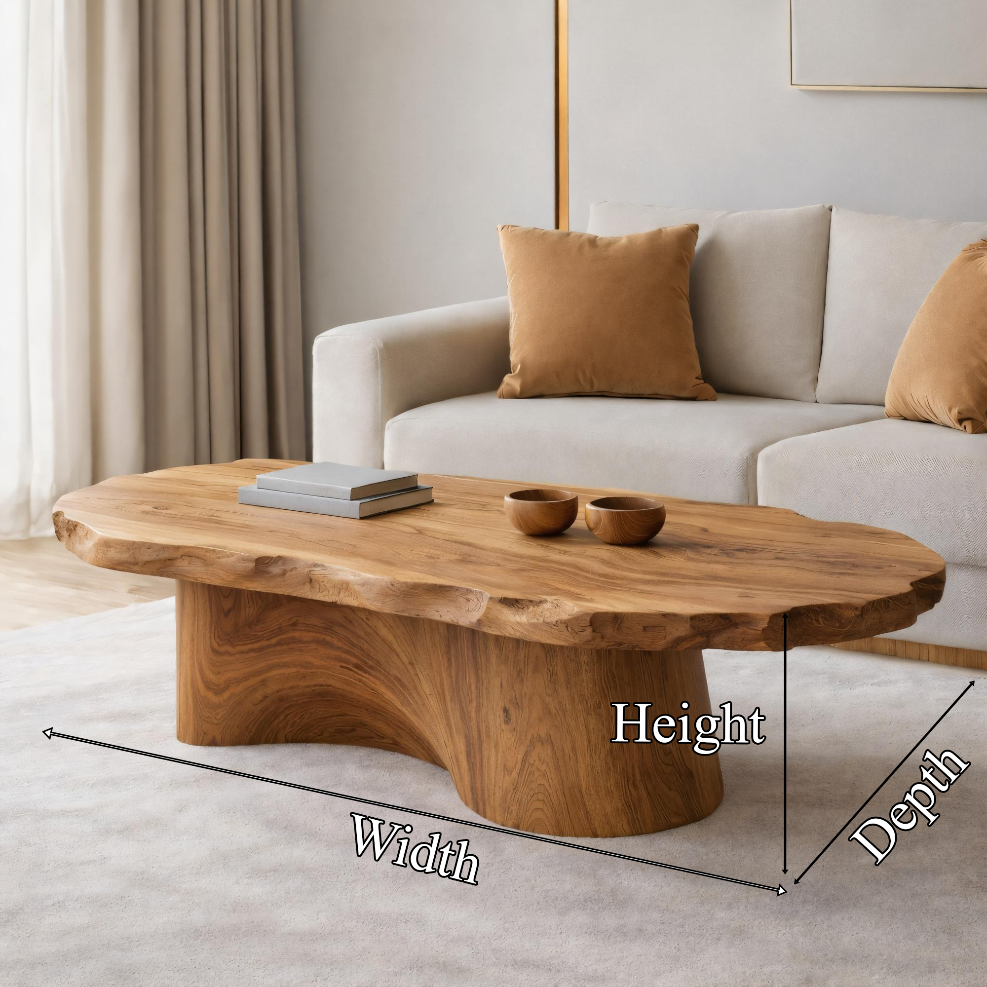 Soft Edge Organic Solid Wood Coffee Table Sculpted Base Serene Modern Living Room Interior SINLKICF295