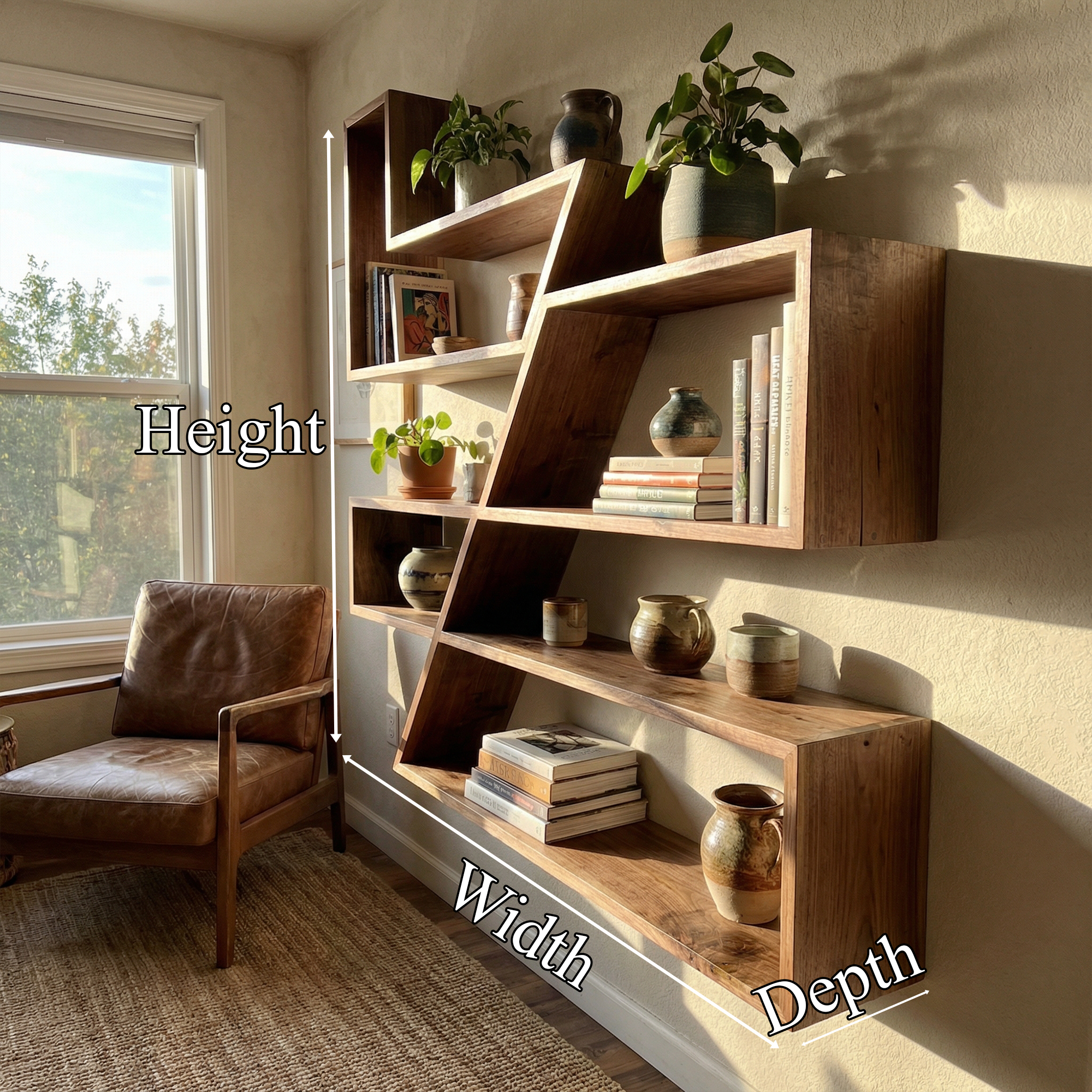 Modern Zigzag Floating Wall Shelf Solid Wood Artistic Storage SINLKIFL490