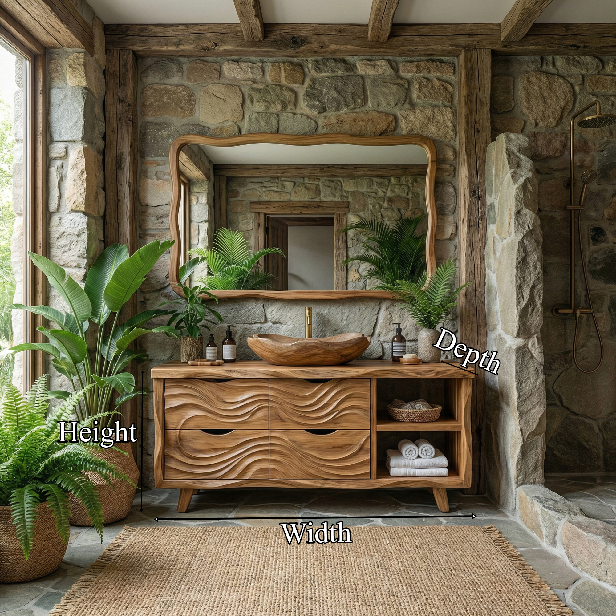 Organic Rustic Solid Wood Bathroom Vanity Wave Carved Storage Cabinet SINLKIBRV277