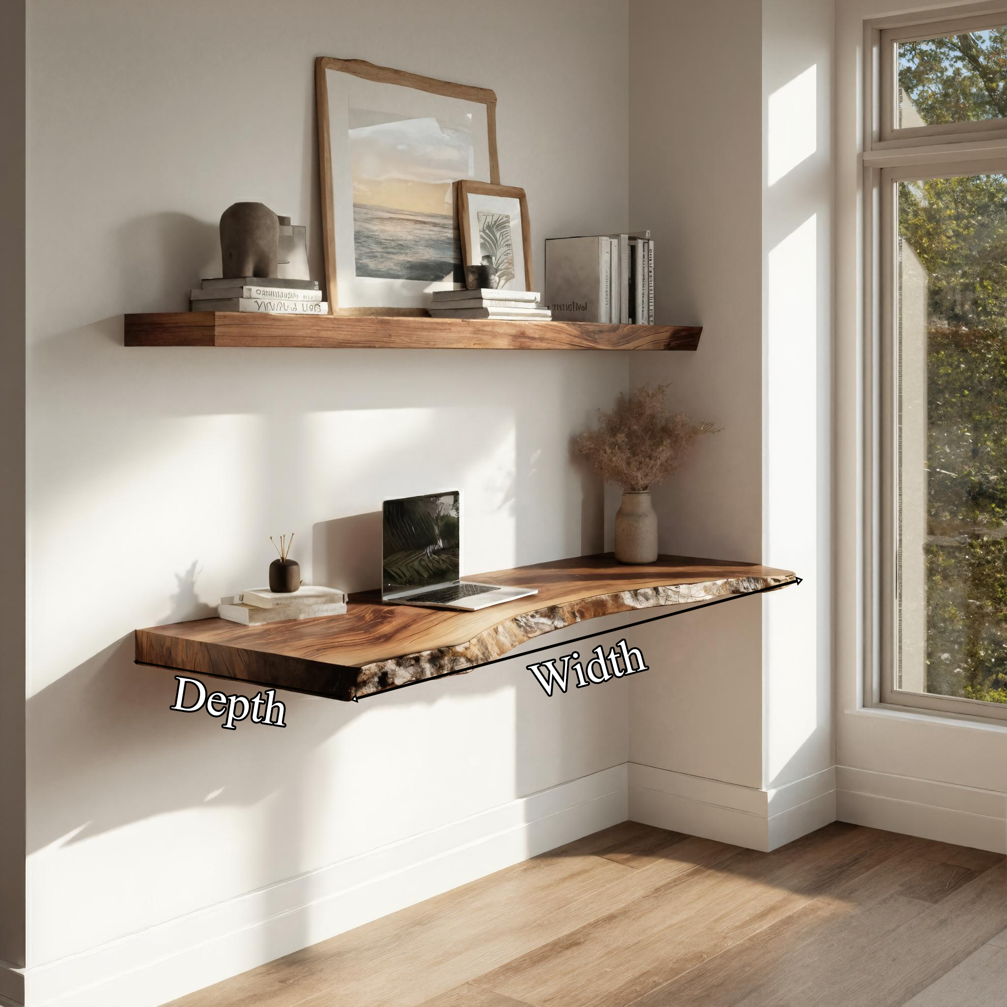 Live Edge Solid Wood Floating Desk Window Side Workspace Interior SINLKIFL385