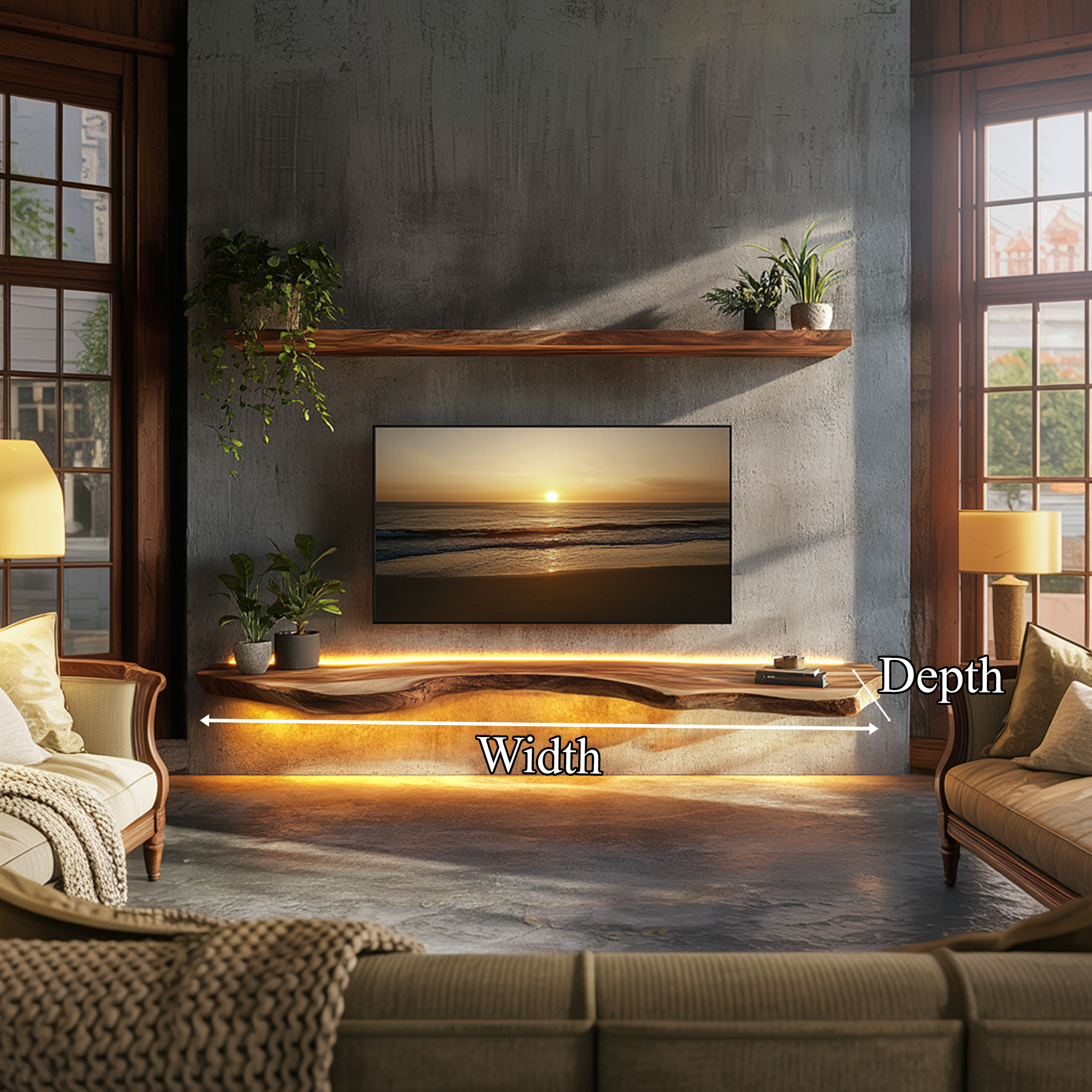 Illuminated Solid Wood Floating TV Shelf Modern Living Room Interior SINLKIFL397
