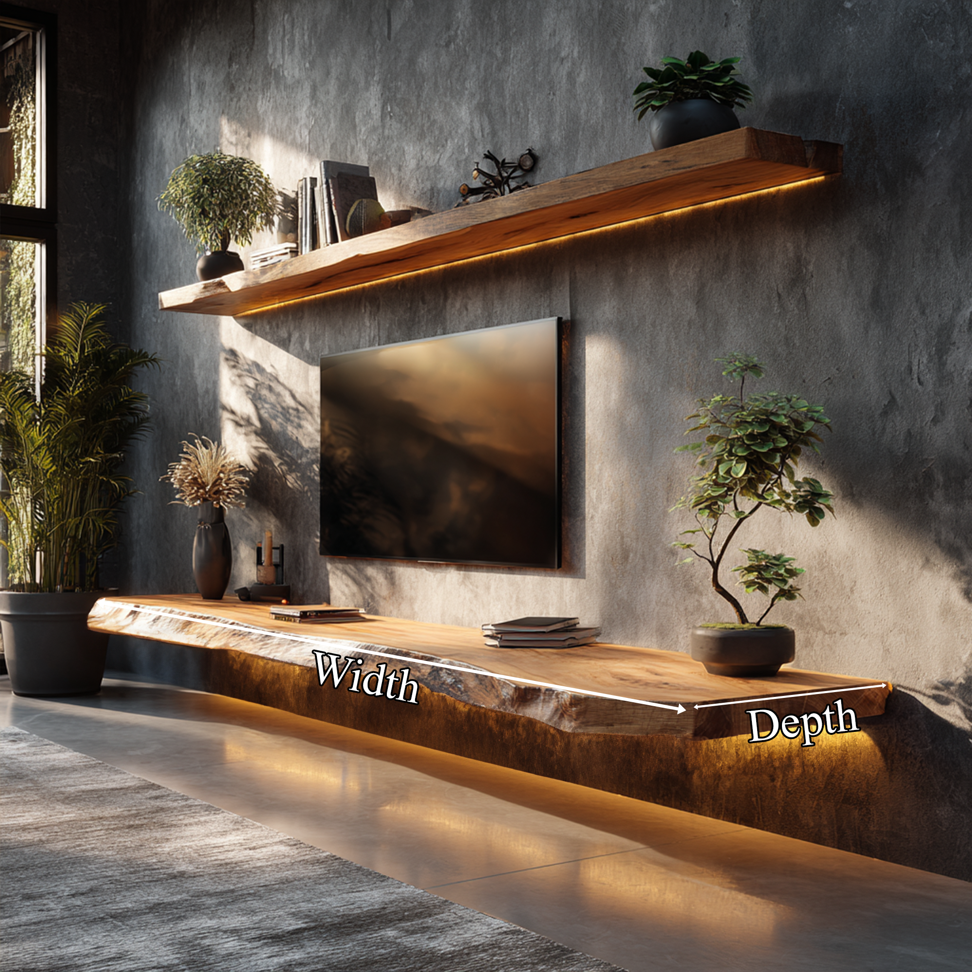 Handcrafted Live Edge Media Shelf Solid Wood Living Room Interior Architectural Feature SINLKIFL400