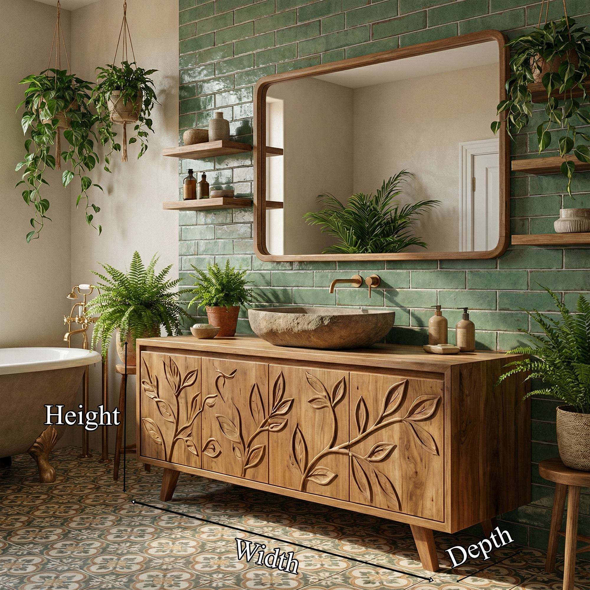 Mediterranean Solid Wood Bathroom Vanity Floral Carved Freestanding Cabinet SINLKIBRV279