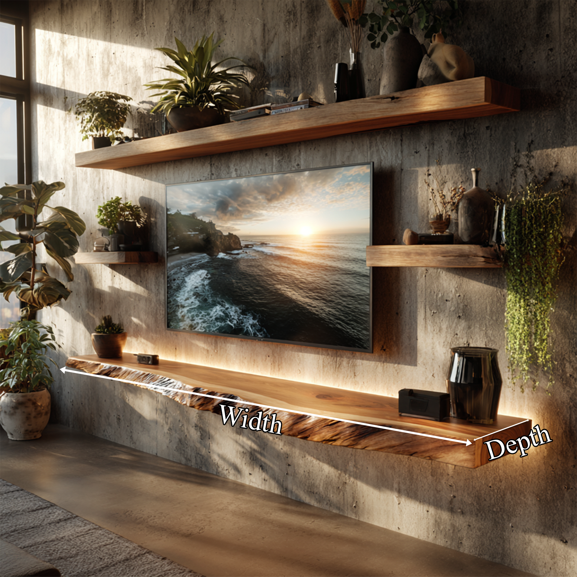 Artistic Live Edge Floating TV Shelf Solid Wood Living Room Interior Signature Furniture SINLKIFL403