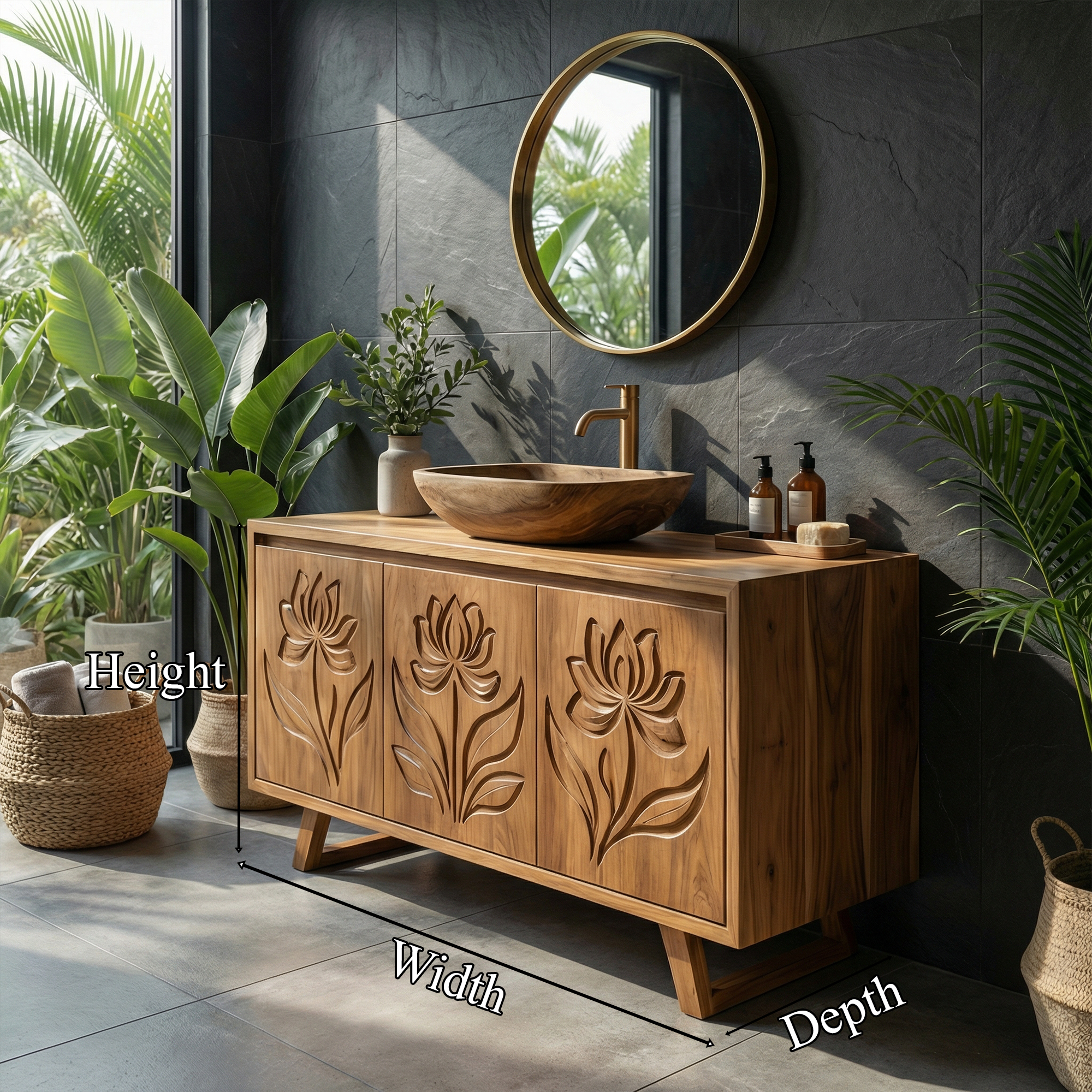 Tropical Floral Carved Solid Wood Bathroom Vanity Freestanding Cabinet SINLKIBRV283