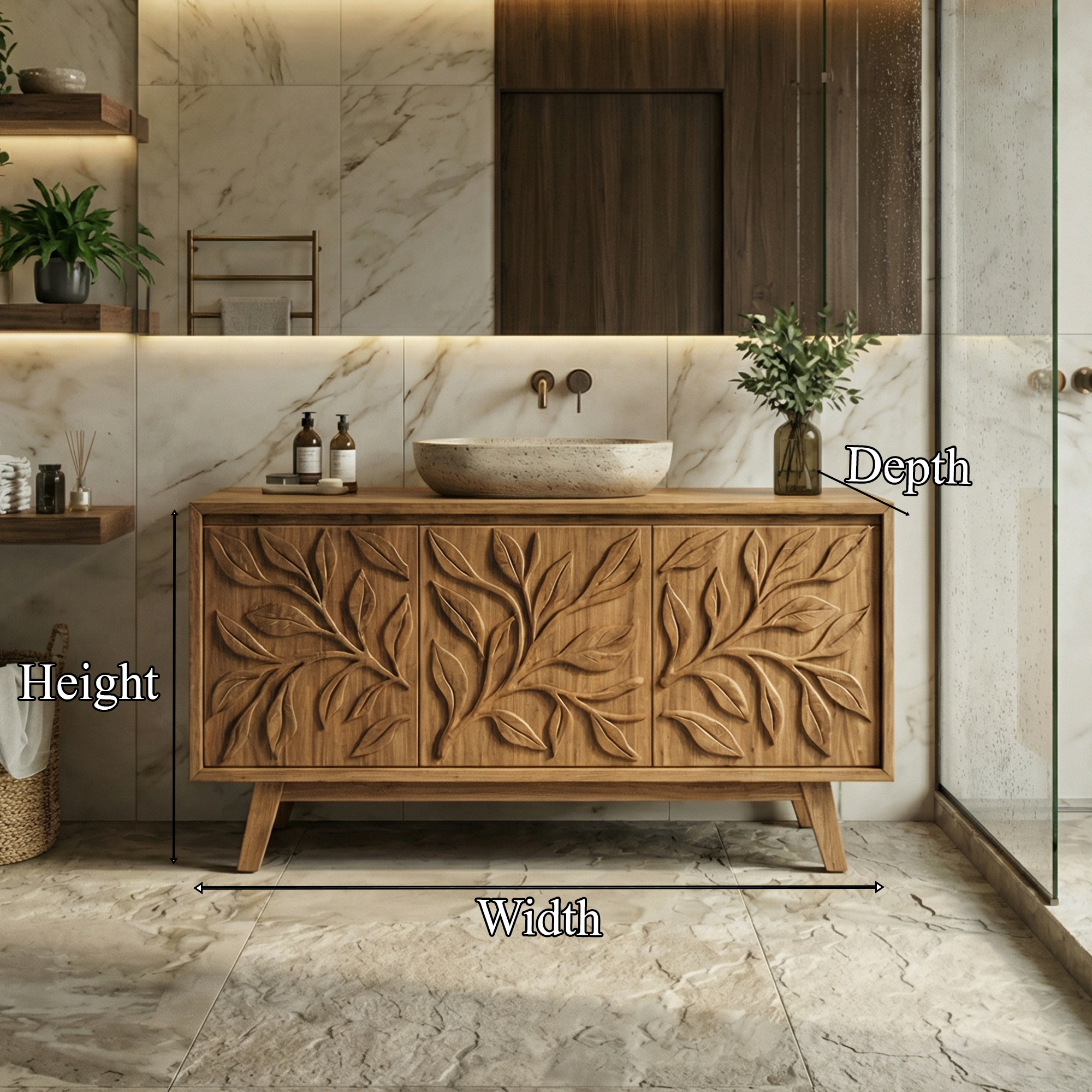Scandinavian Leaf Carved Solid Wood Bathroom Vanity Minimal Storage Cabinet SINLKIBRV284
