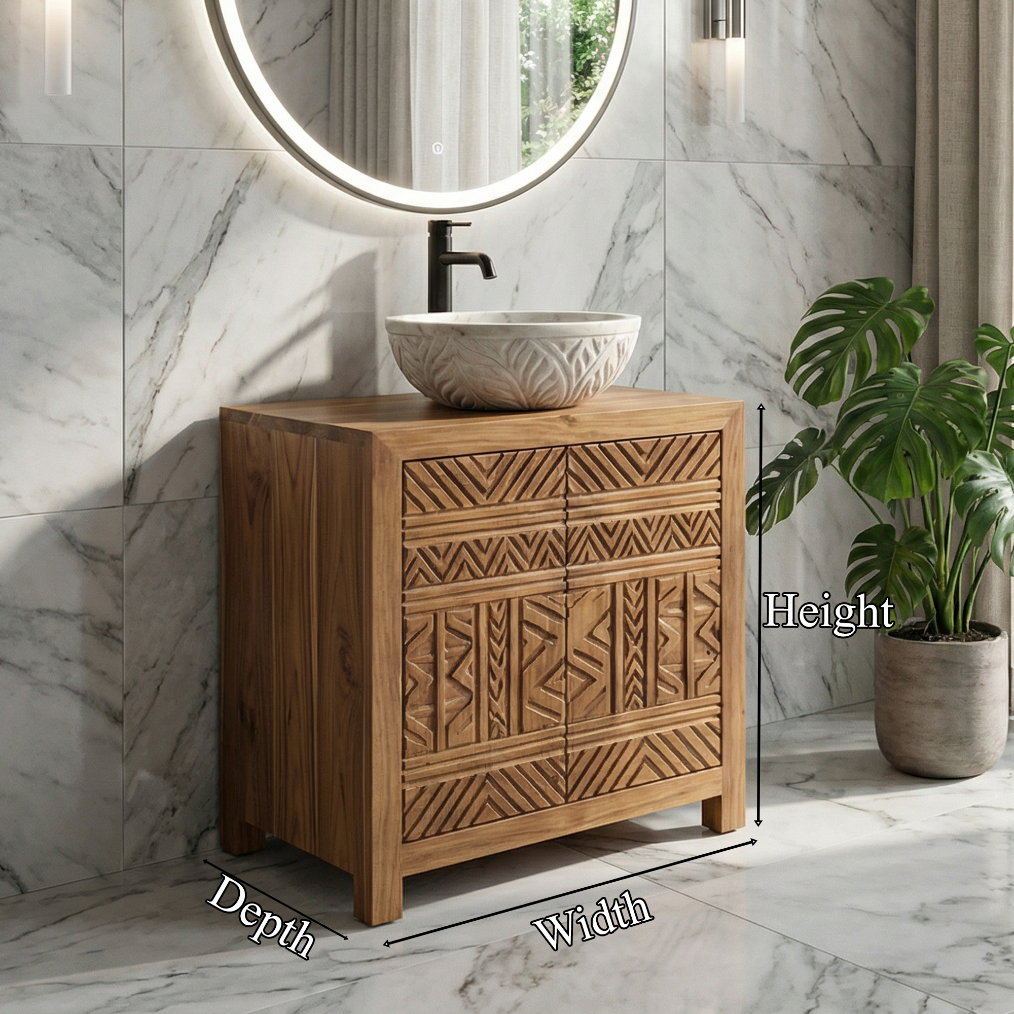 Tribal Geometric Solid Wood Bathroom Vanity Compact Storage Cabinet SINLKIBRV281