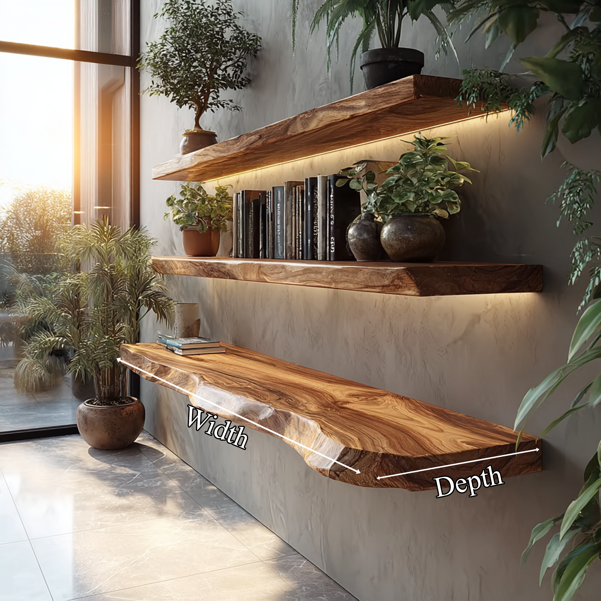 Rustic Handcrafted Live Edge Wall Shelves Solid Wood Living Room Interior Statement Feature SINLKIFL411
