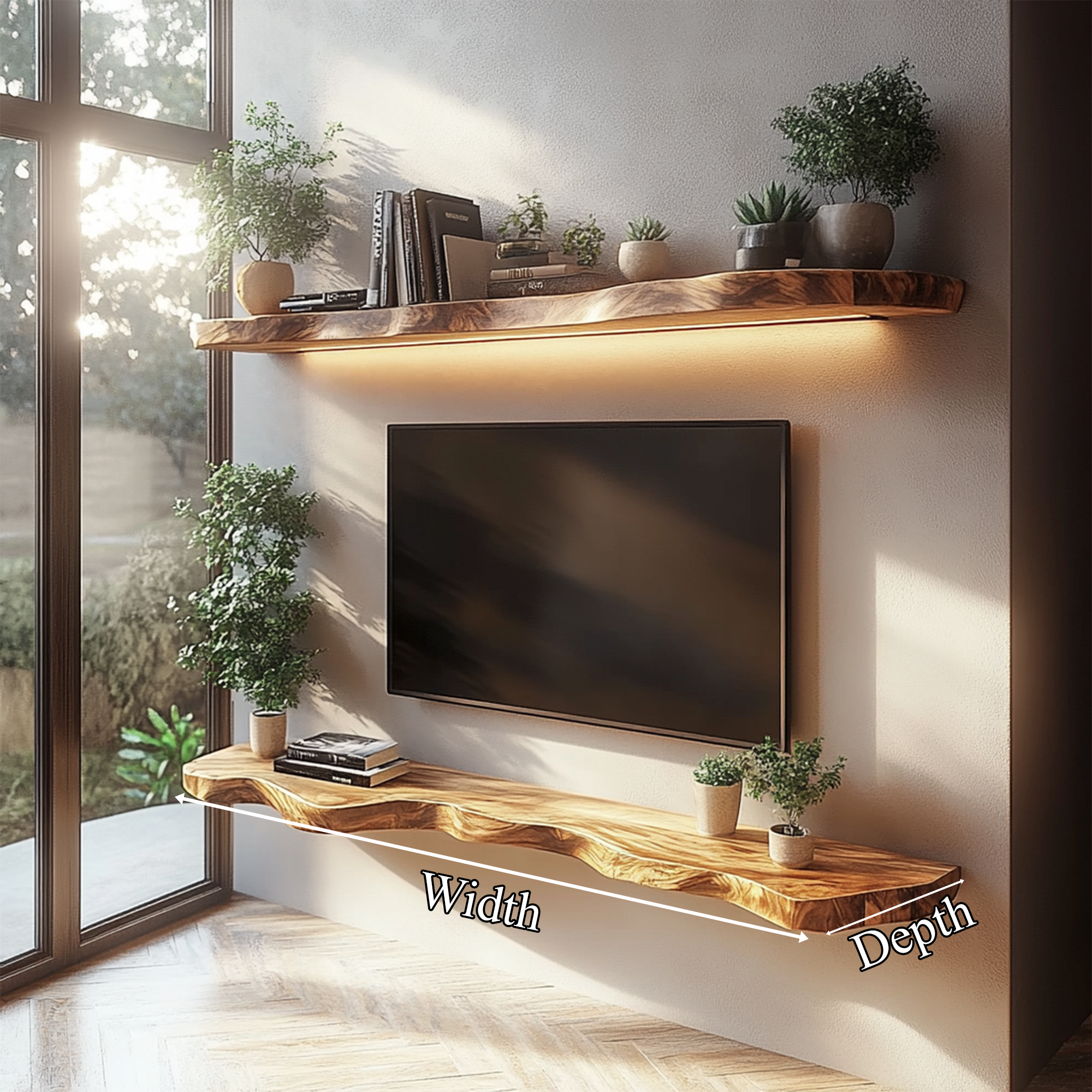 Rustic Sculptural Floating TV Console Shelf Solid Wood Living Room Interior Feature Furniture SINLKIFL412