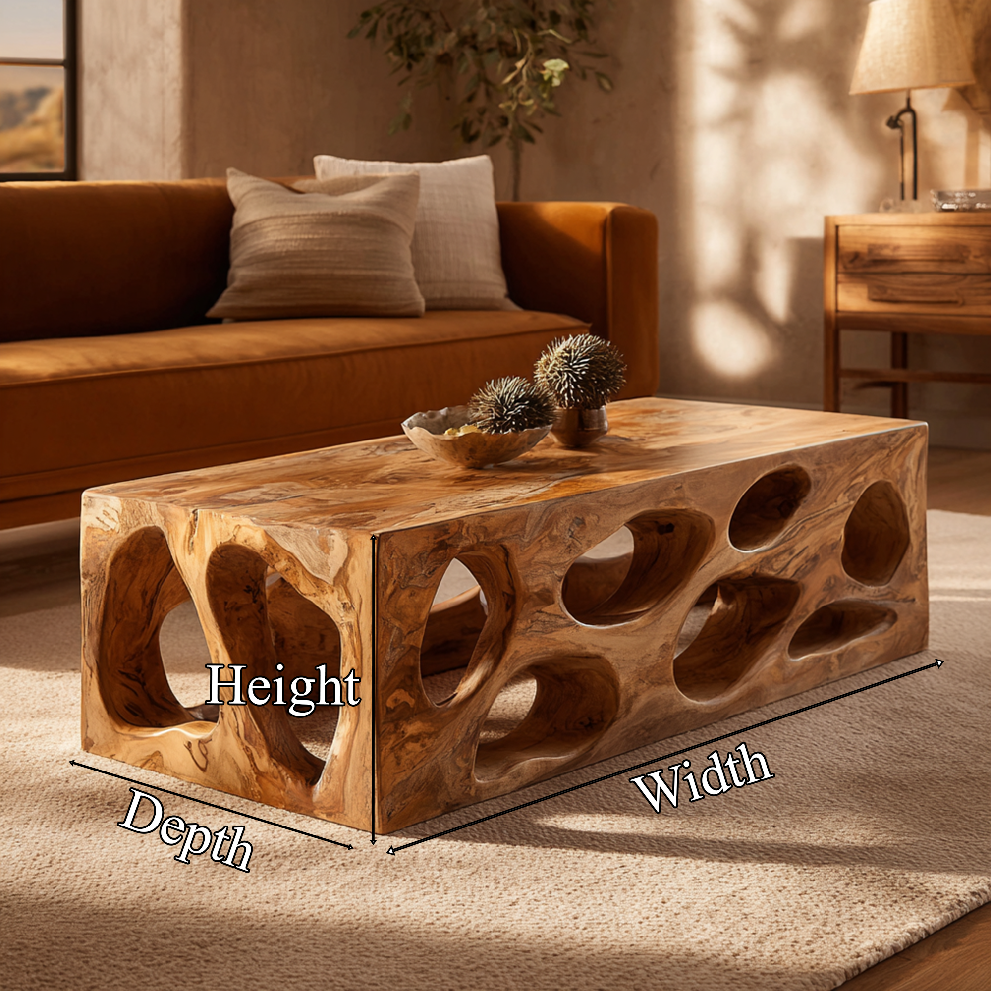 Organic Hollow Carved Solid Wood Coffee Table Sculptural Statement Warm Living Room Interior SINLKICF300