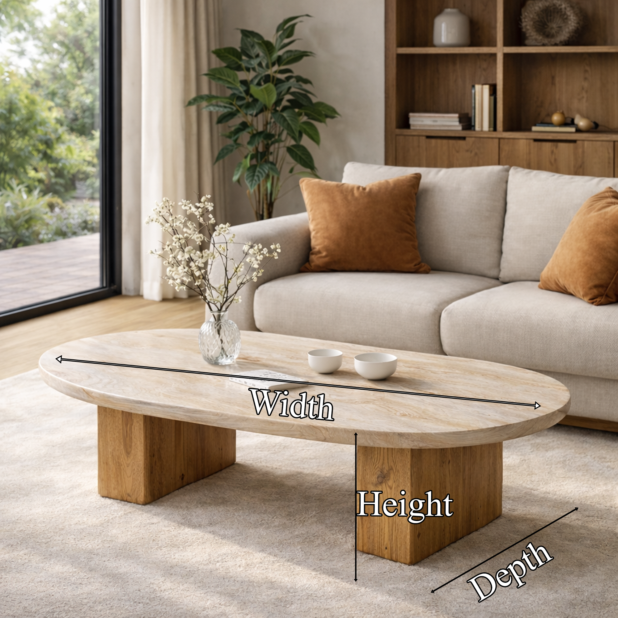 Light Oak Oval Solid Wood Coffee Table Minimalist Balance Contemporary Living Room Interior SINLKICF296