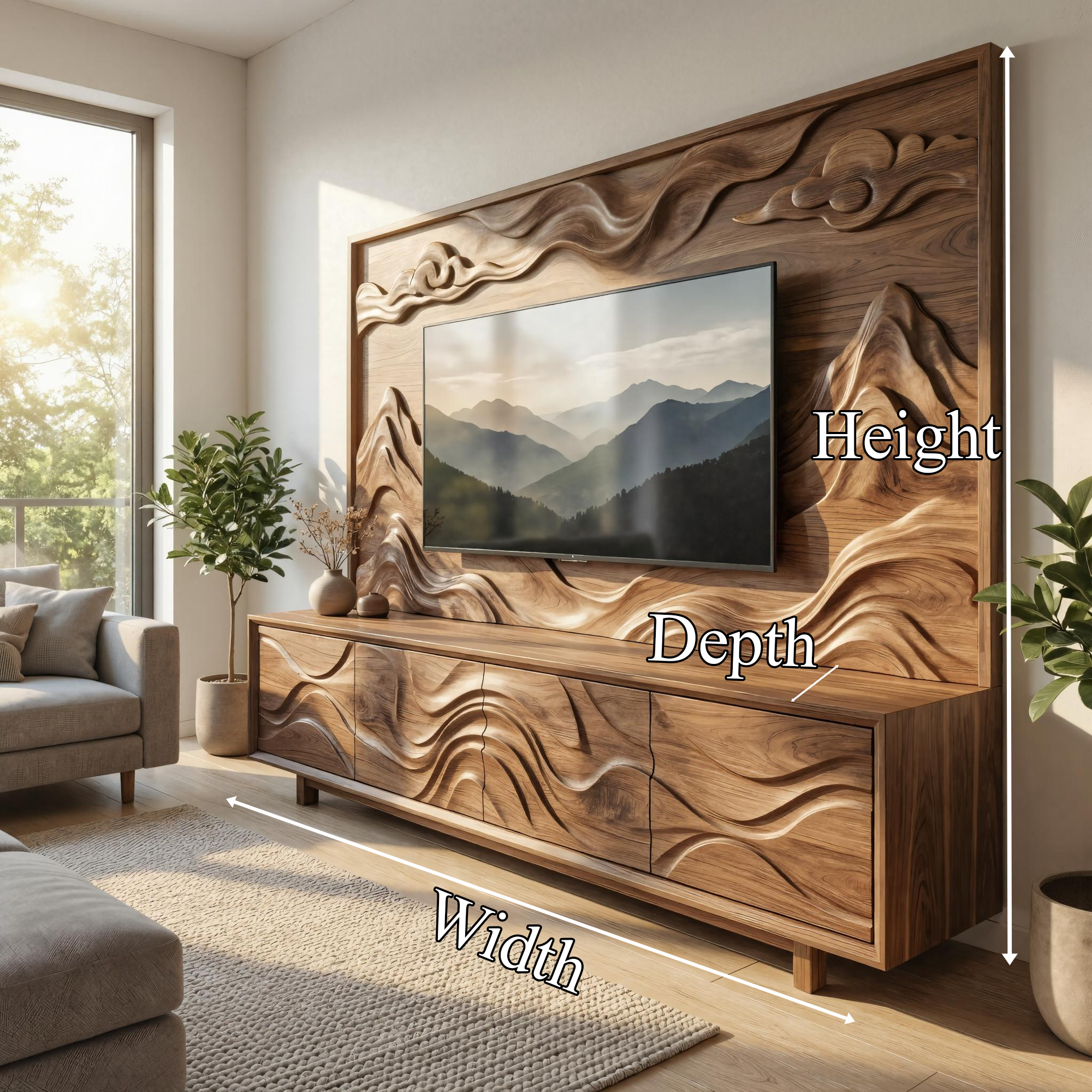 Organic Sculptural TV Cabinet And Wood Wall Panel Set Living Room SINLKISC501