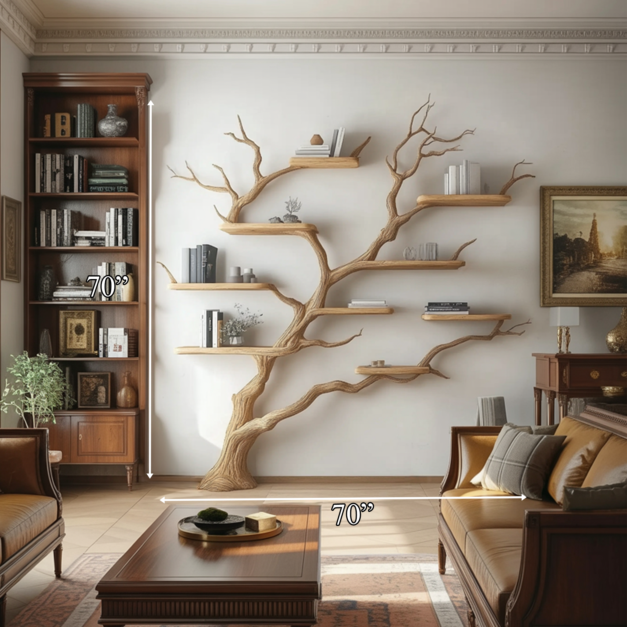 Rustic Handcrafted Tree Wall Bookshelf Living Room Interior Feature Furniture SINLKITB618