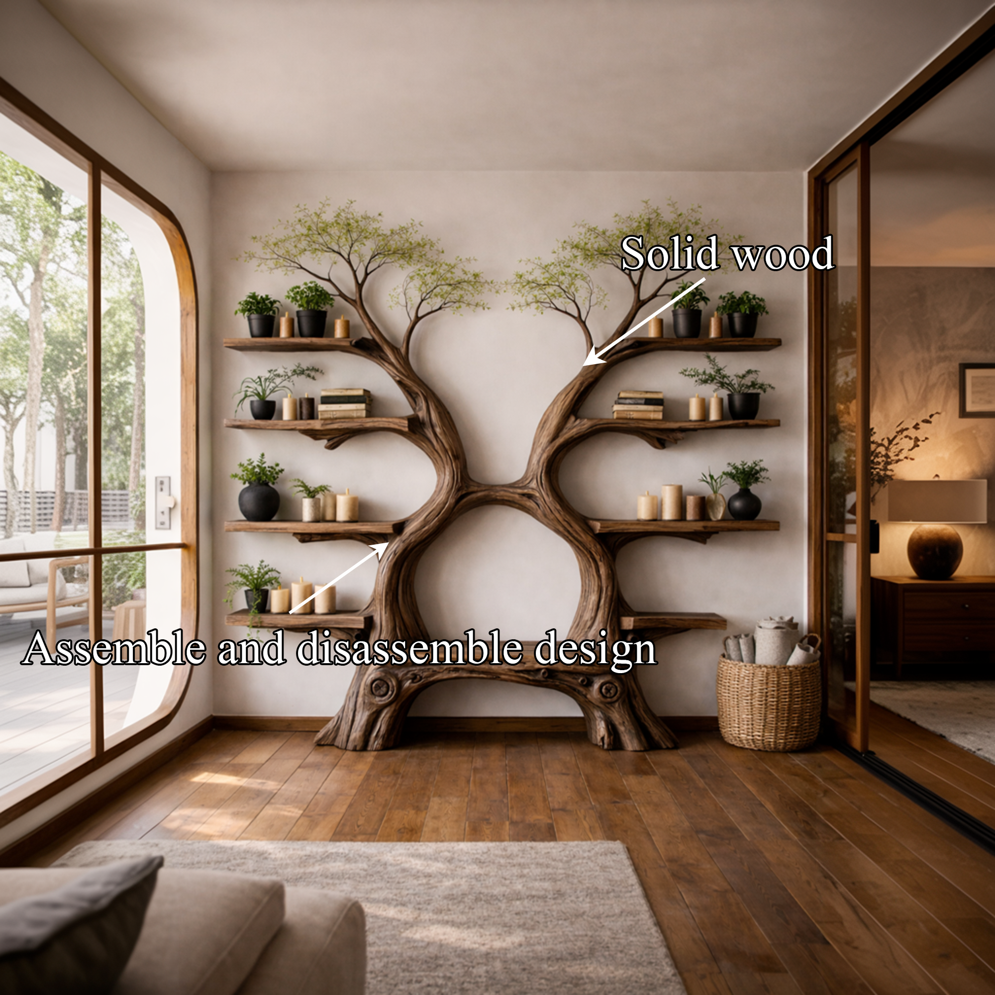 Rustic Artistic Twin Tree Bookshelf With Bench Living Room Interior Centerpiece SINLKITB651