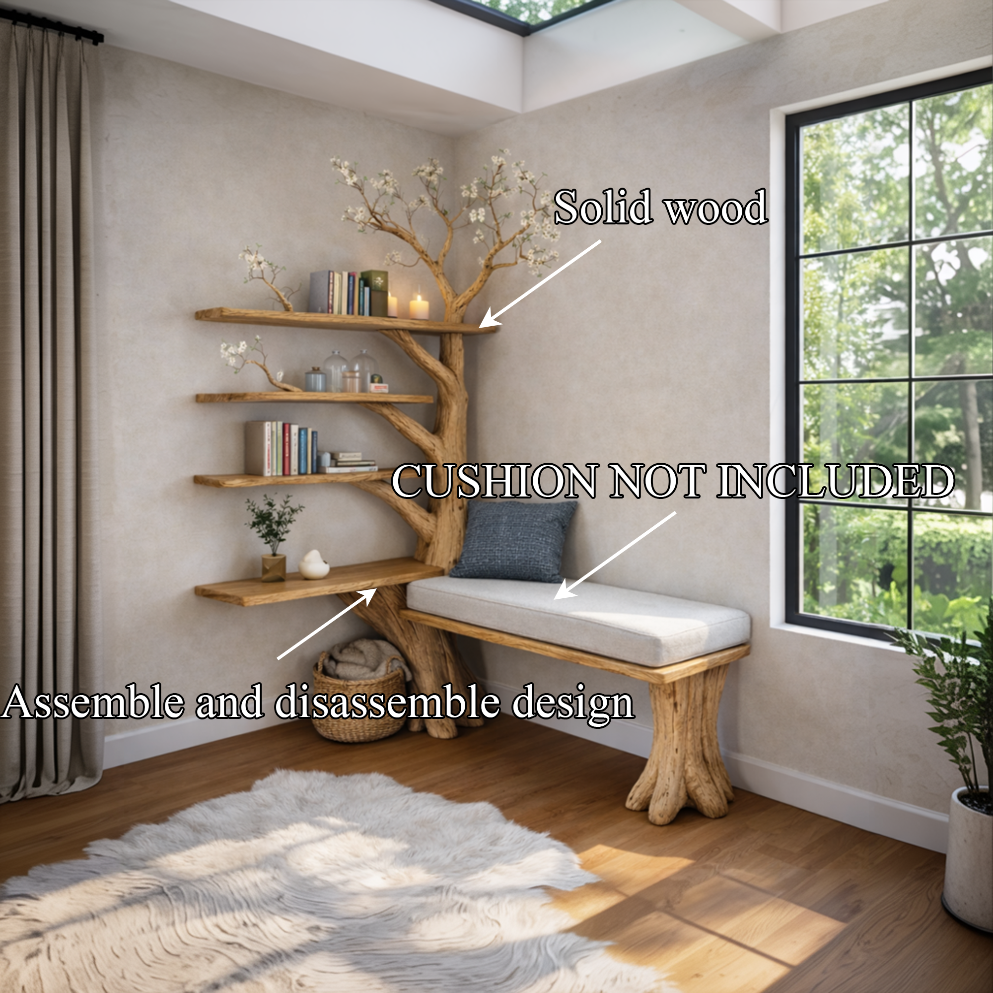 Rustic Artistic Tree Bookshelf With Bench Living Room Interior Statement Furniture SINLKITB653