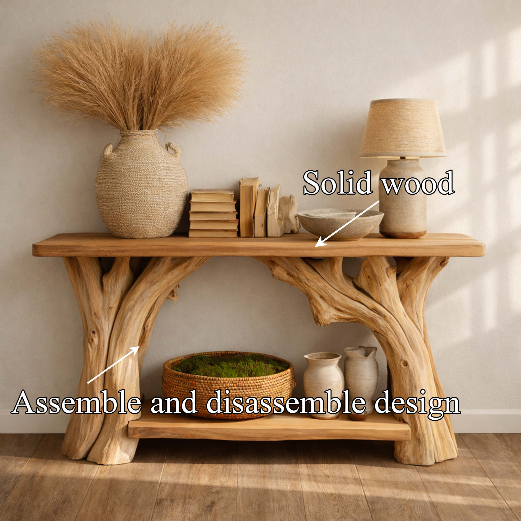 Organic Rustic Console Table Sculptural Tree Legs And Bottom Shelf For Hallway SINLKICS481