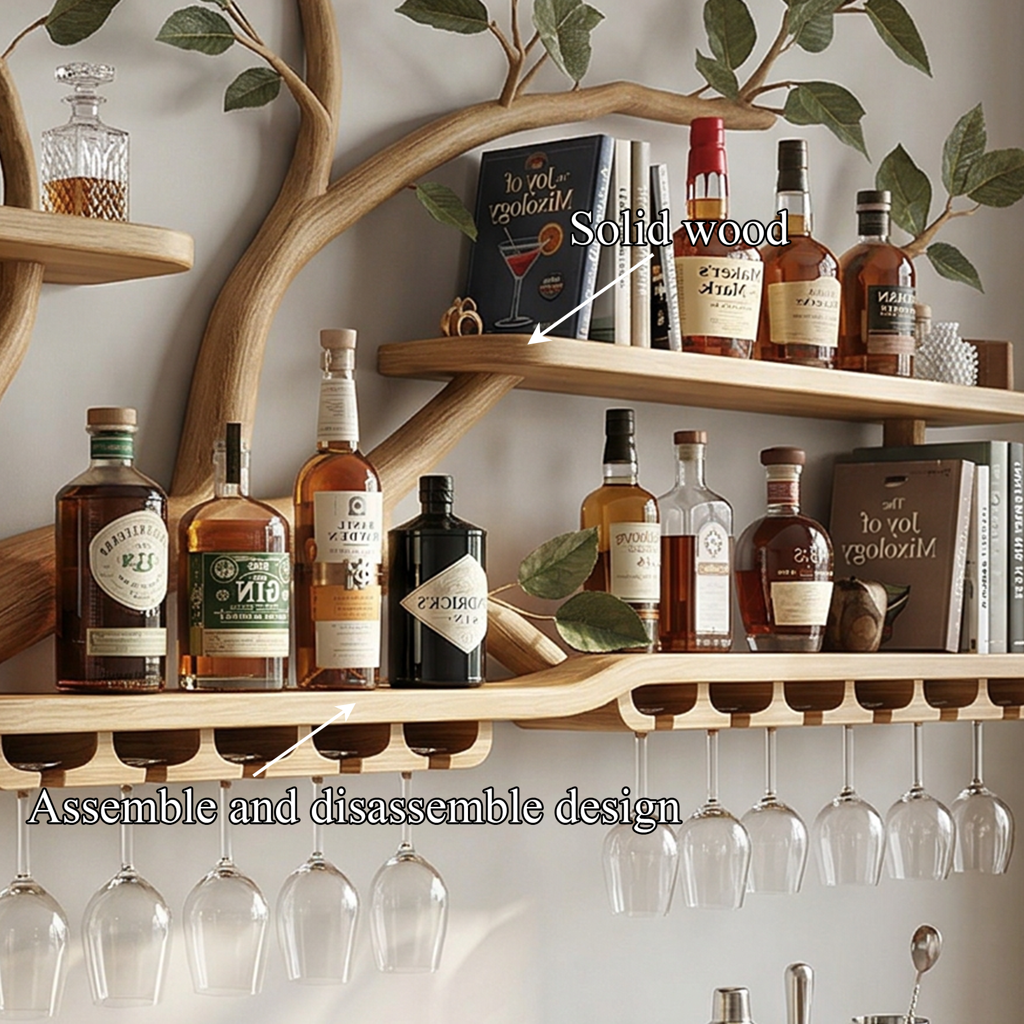 Organic Tree Branch Wine Rack Wooden Wall Mounted Shelf For Kitchen Dining Room Home Bar SINLKIWR019