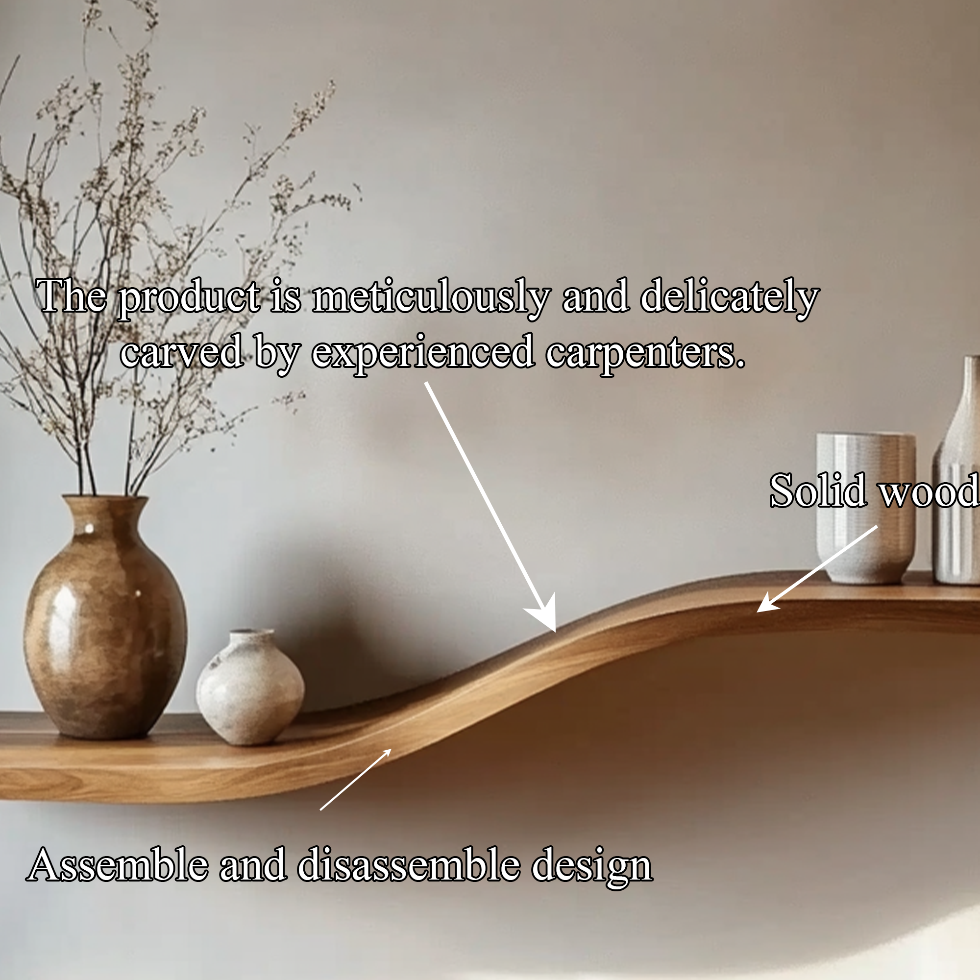 Curved Solid Wood Wall Shelf Minimal Organic Interior Decor SINLKIFL360