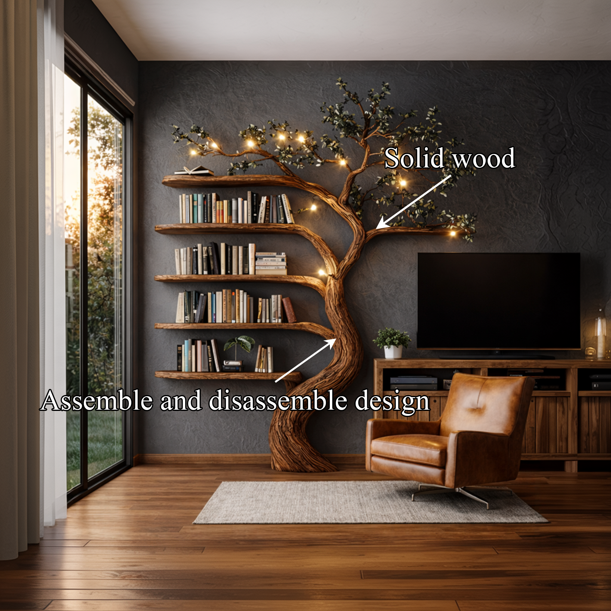 Rustic Hand Carved Tree Bookshelf Artistic Storage For Living Room SINLKITB683