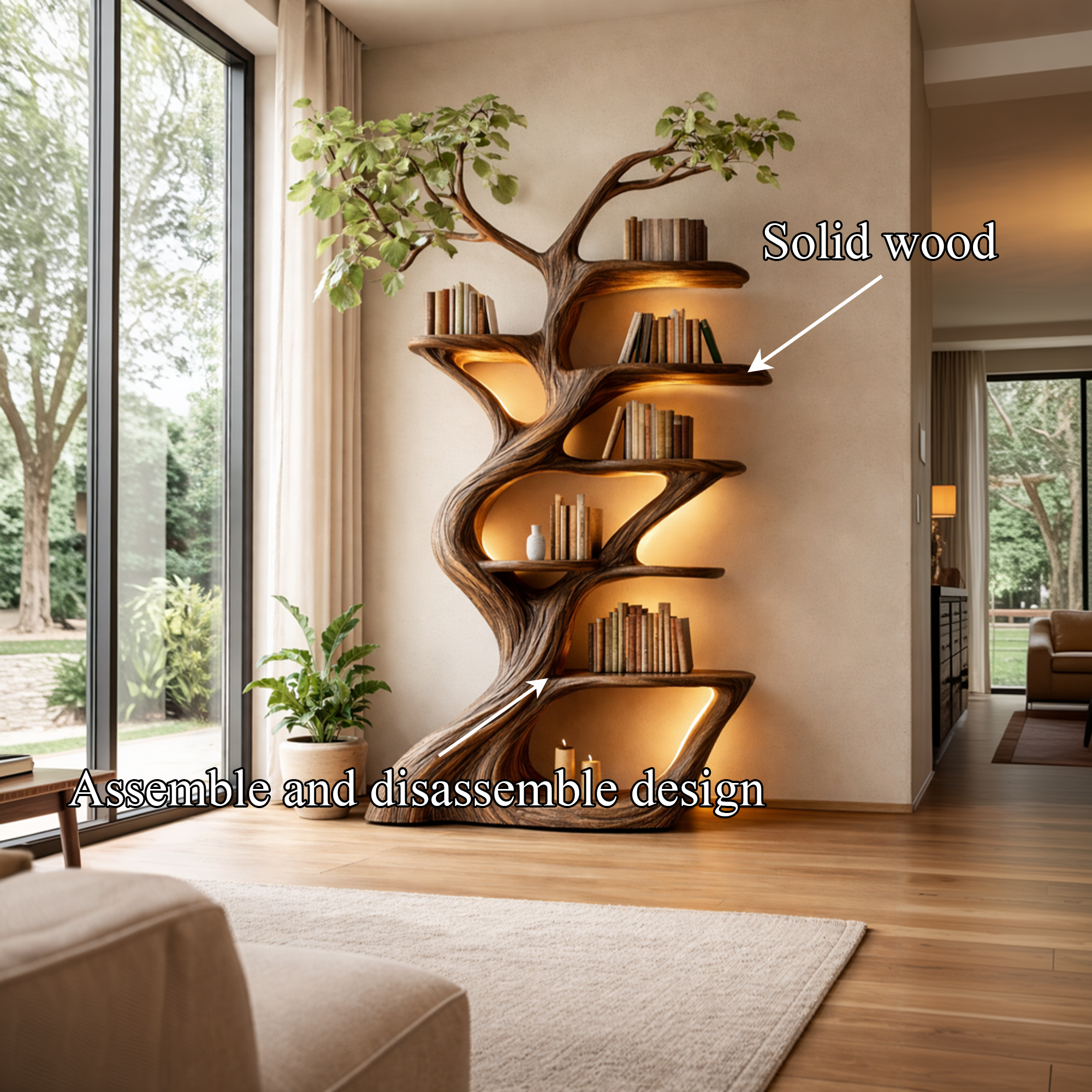 Handcrafted Wood Tree Bookshelf Statement Wall SINLKITB638