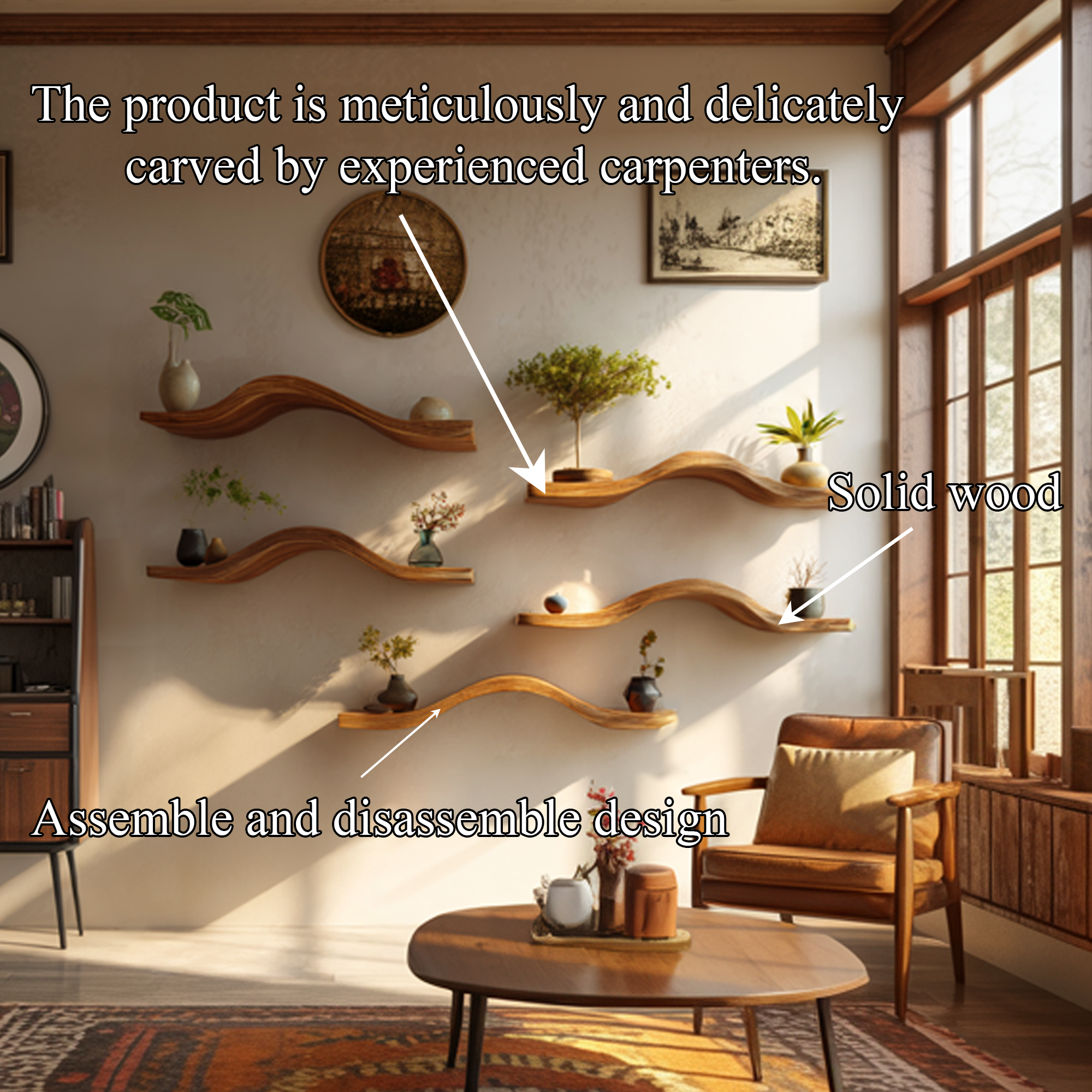 Curved Solid Wood Floating Shelves Organic Modern Living Room Interior SINLKIFL366