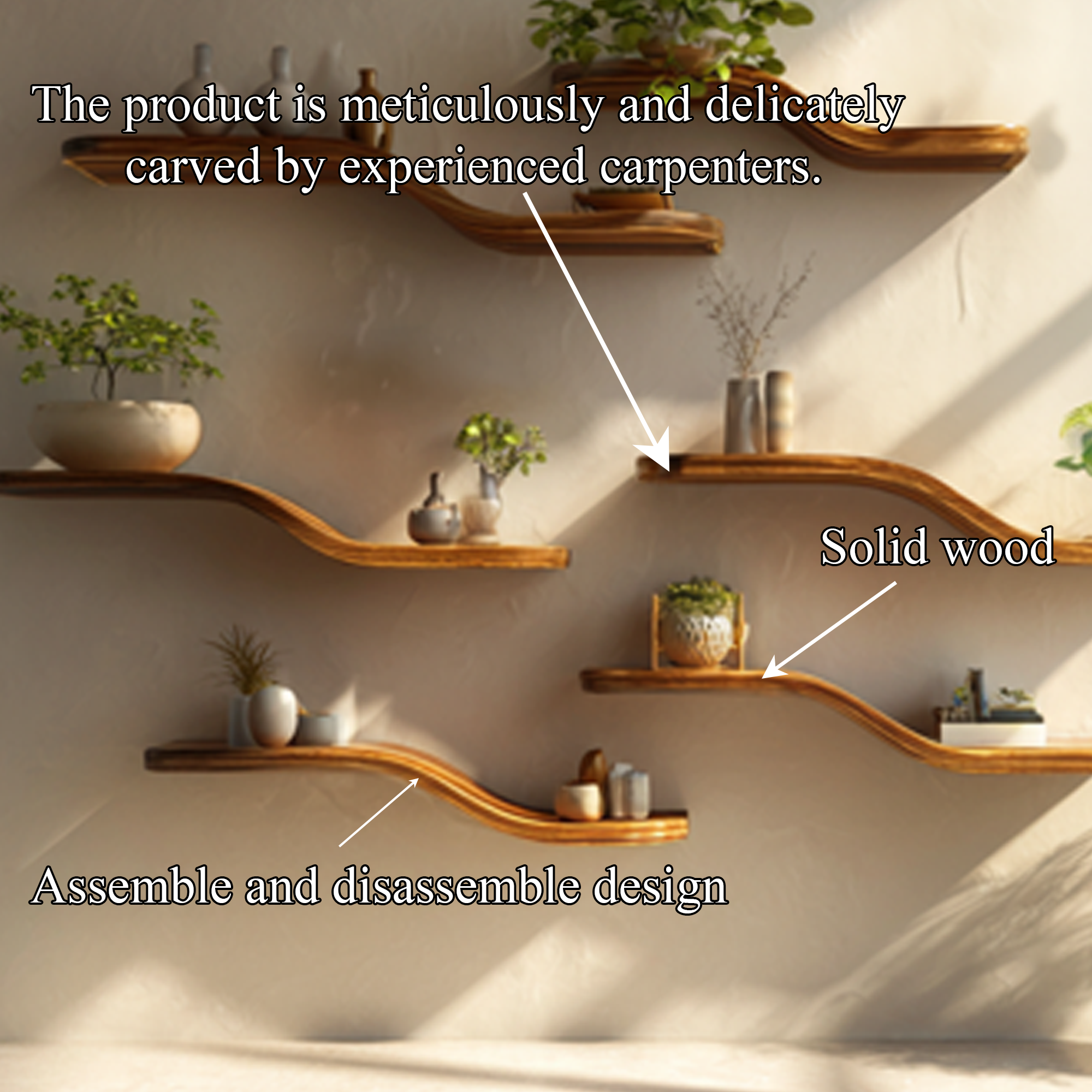 Organic Wave Solid Wood Shelf Floating Wall Media Display Interior SINLKIFL367