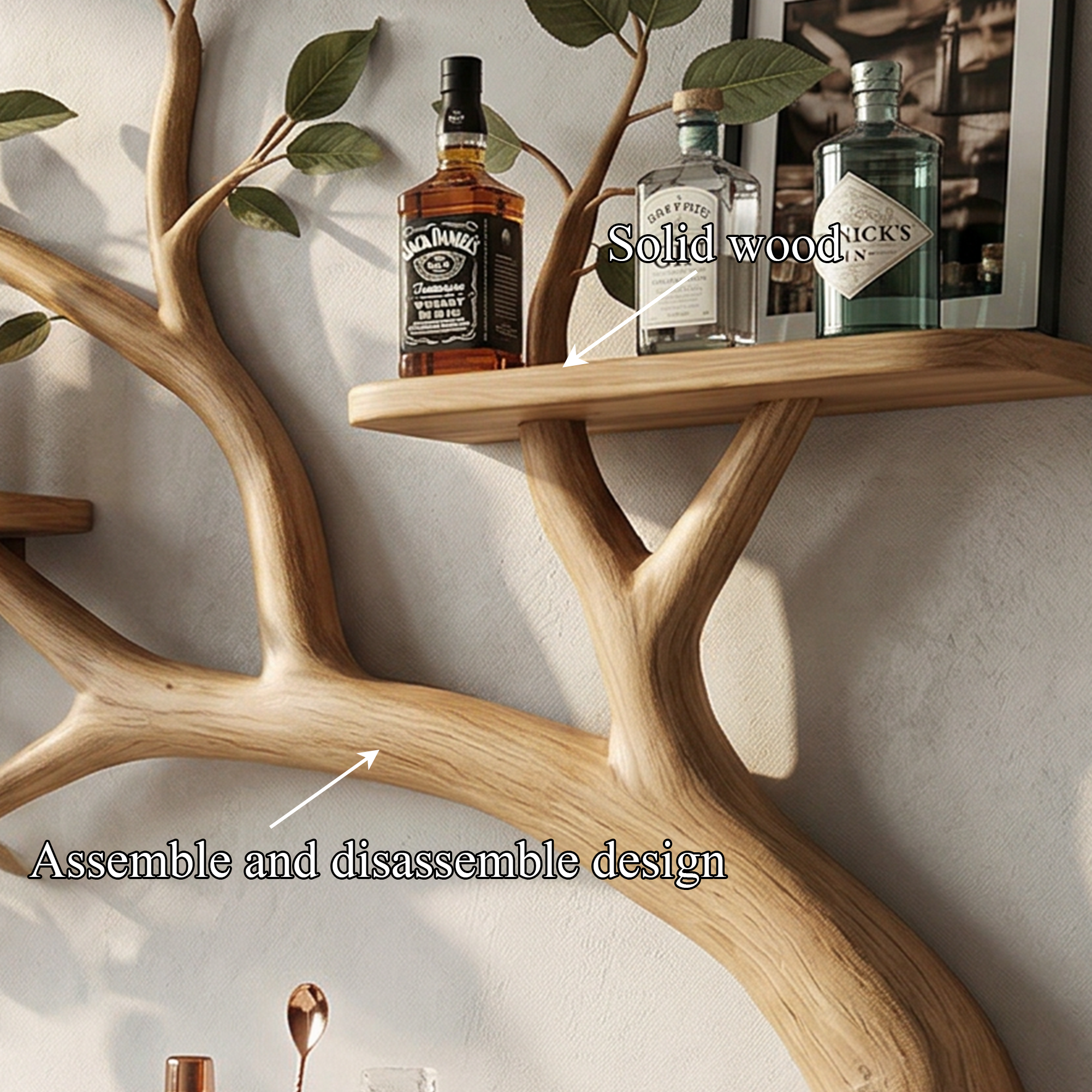 Farmhouse Tree Branch Wine Rack Wooden Wall Mounted Shelf For Kitchen Dining Room Home Bar SINLKIWR018