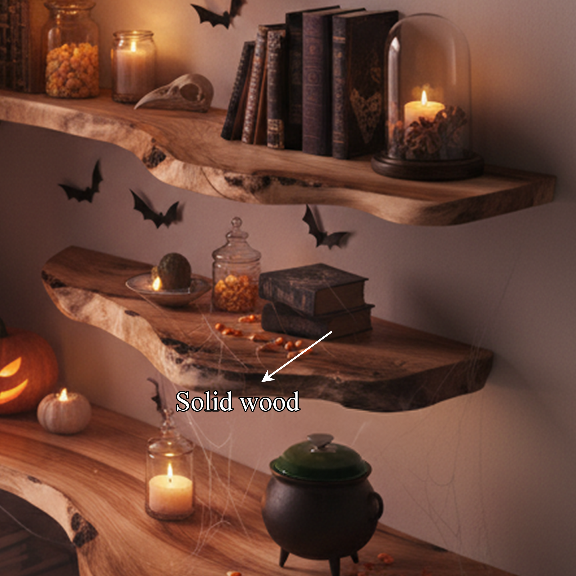 Mid Century Halloween Floating Shelf Natural Wood Wall Decor SINLKIHW044